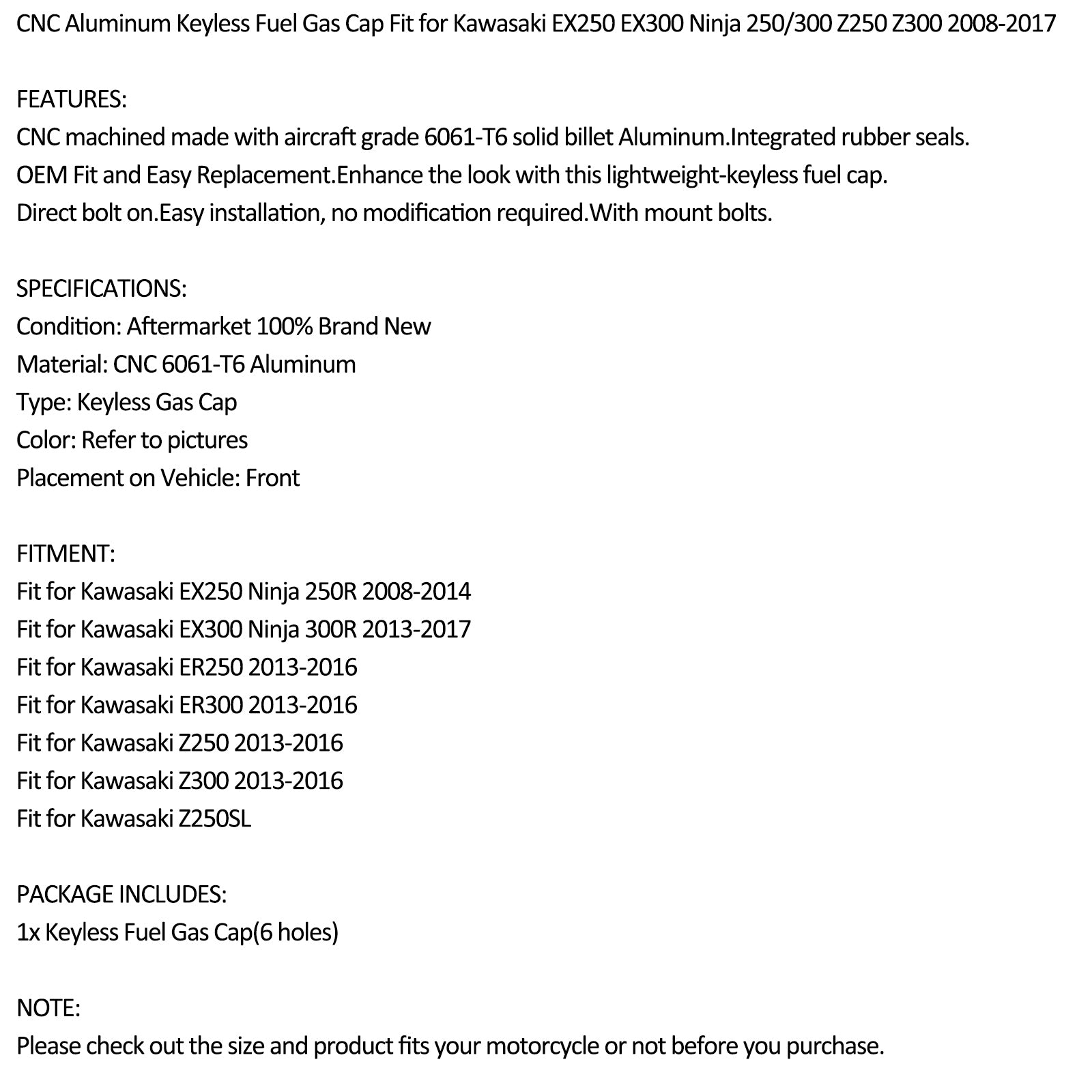 CNC Keyless Fuel Gas Cap Fit for Kawasaki ER Z 250 300 Ninja EX 2008-2017 Black
