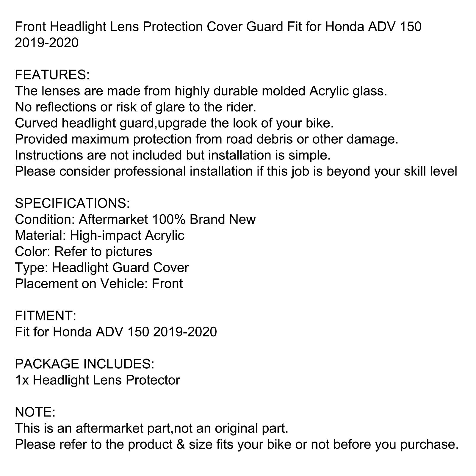 Protection de lentille de phare avant pour Honda Adv 150 2019 – 2020, fumée générique