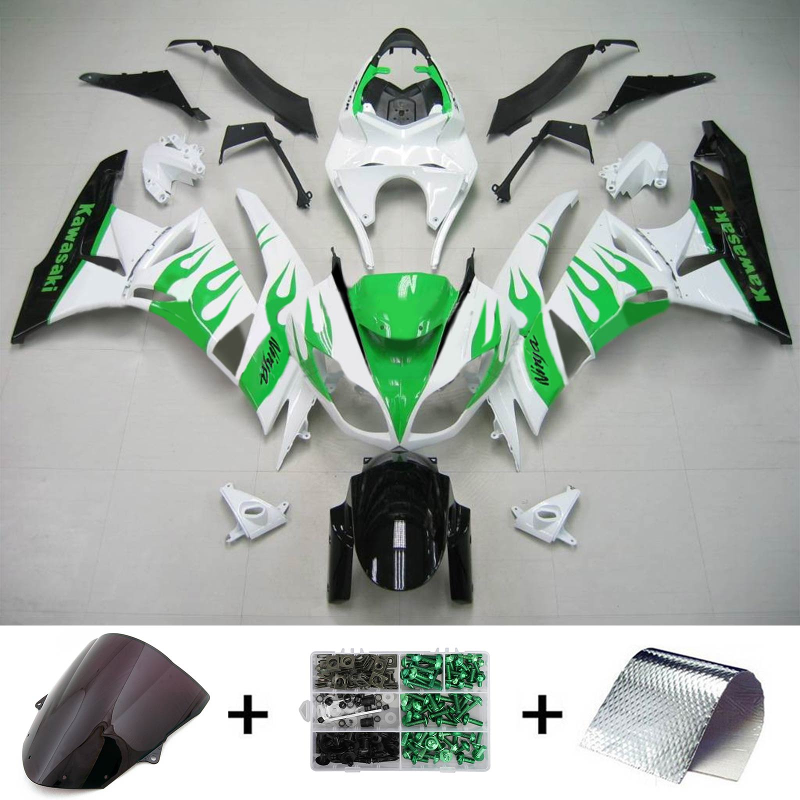 Amotopart Kawasaki 2009–2012 ZX6R 636 Weiß Grün Verkleidungsset