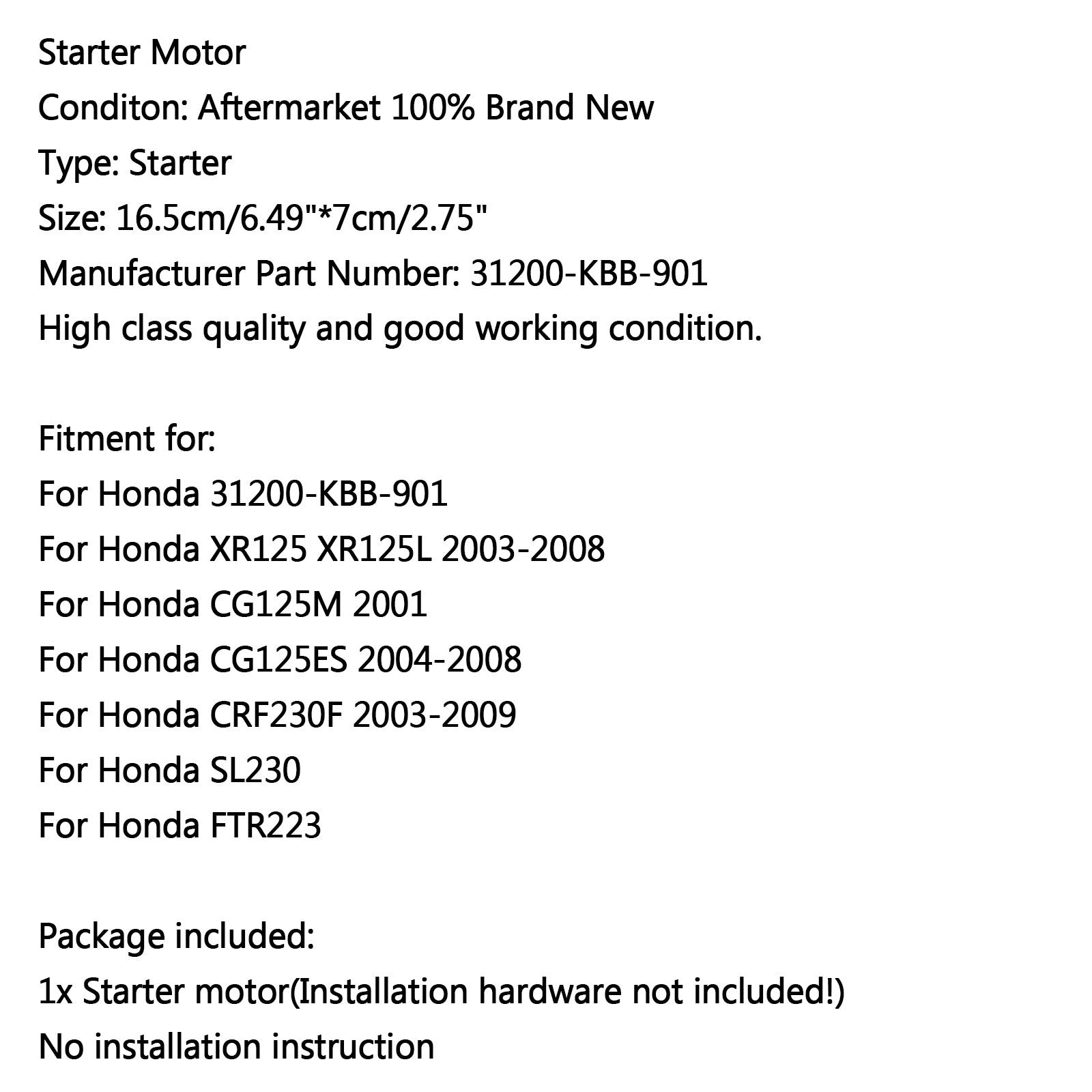 Motor Starter For Honda XR125 XR125L 03-08 CG125M 2001 CRF230F SL230 FTR223