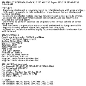New Starter For Kawasaki ATV KLF220 KLF250 Bayou 220 250 88-11 21163-1130 KA-104