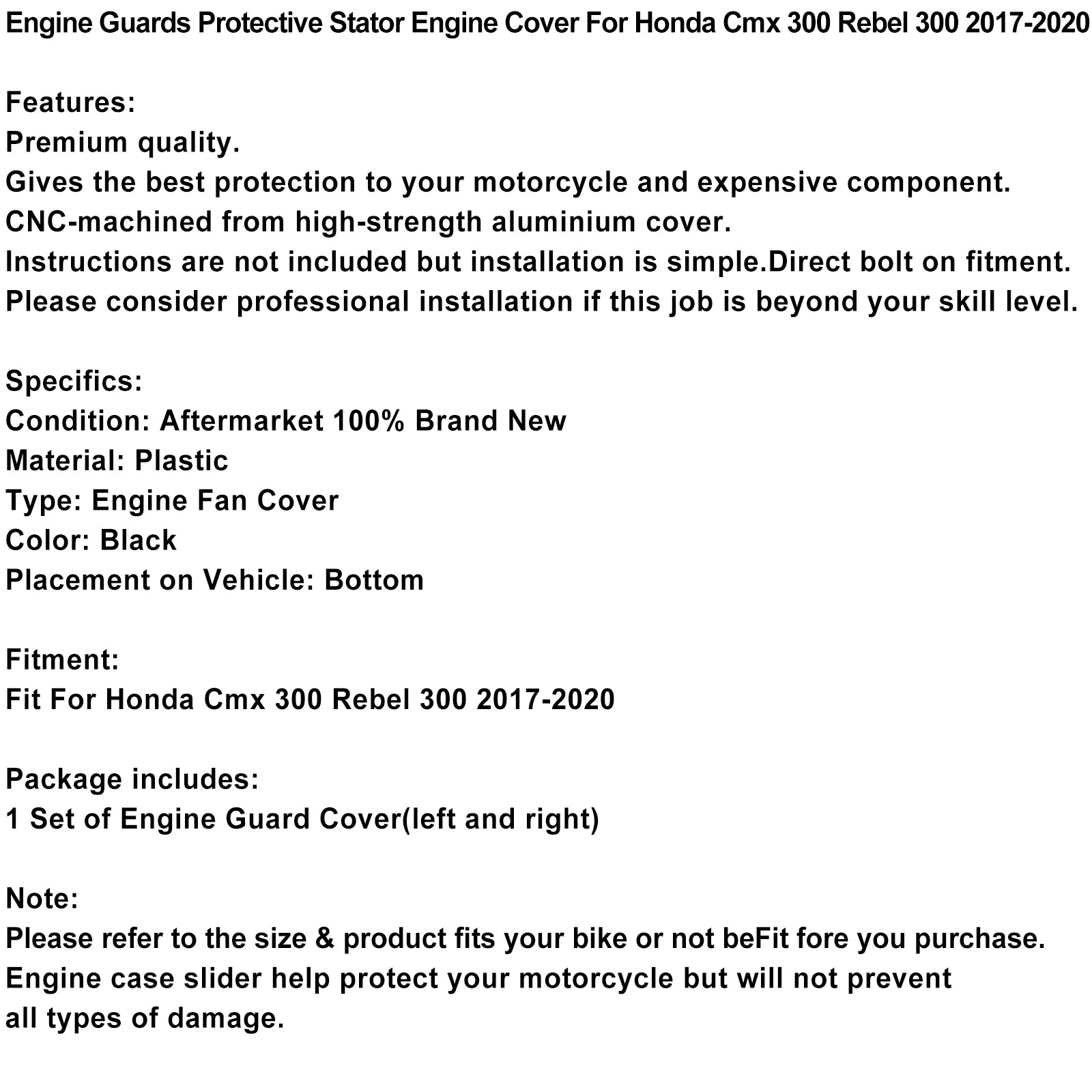 Motorschutz, schützende Stator-Motorabdeckung für Honda Cmx 300 Rebel 300 17–20