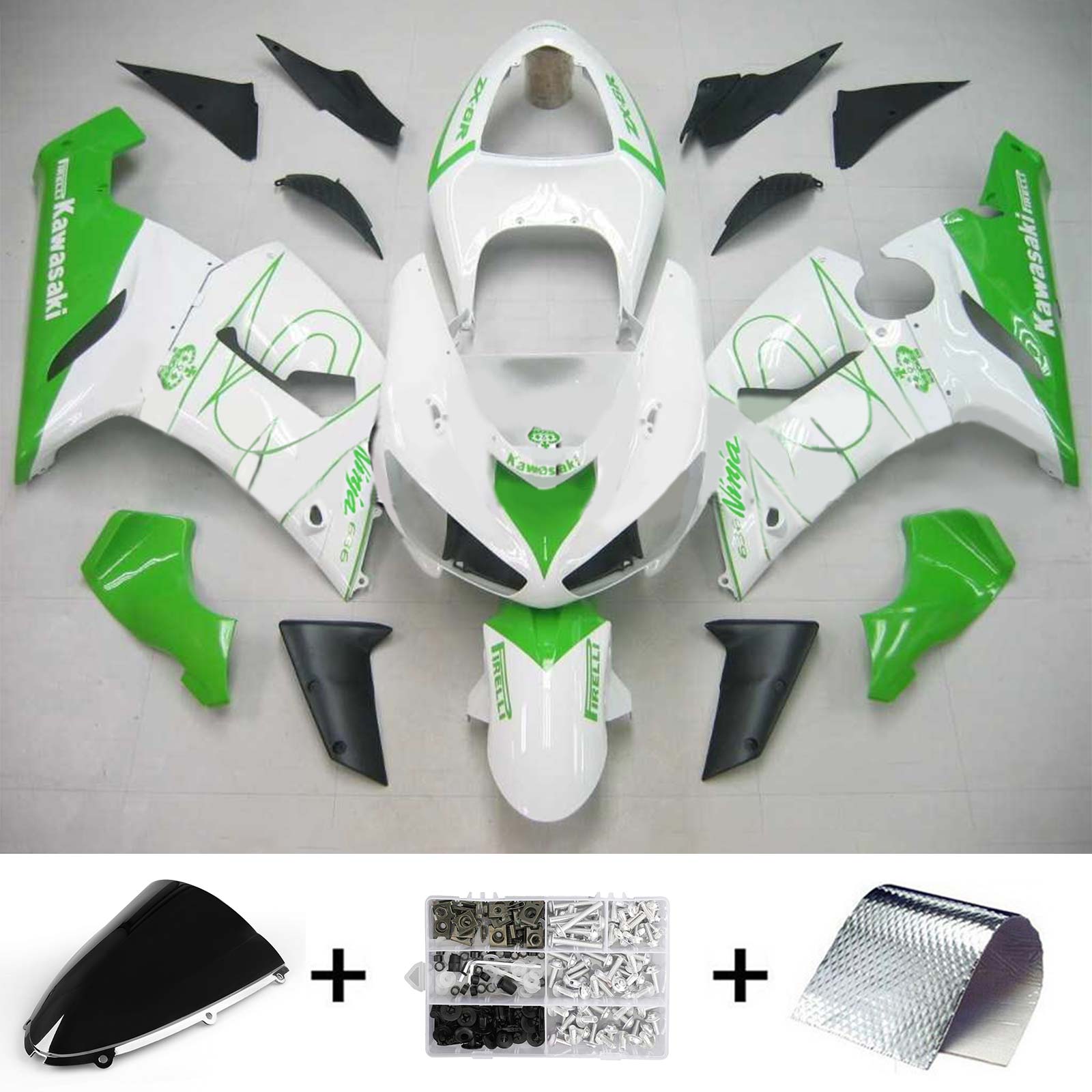Amotopart Kawasaki 2005–2006 ZX6R 636 Green Line White Verkleidungsset