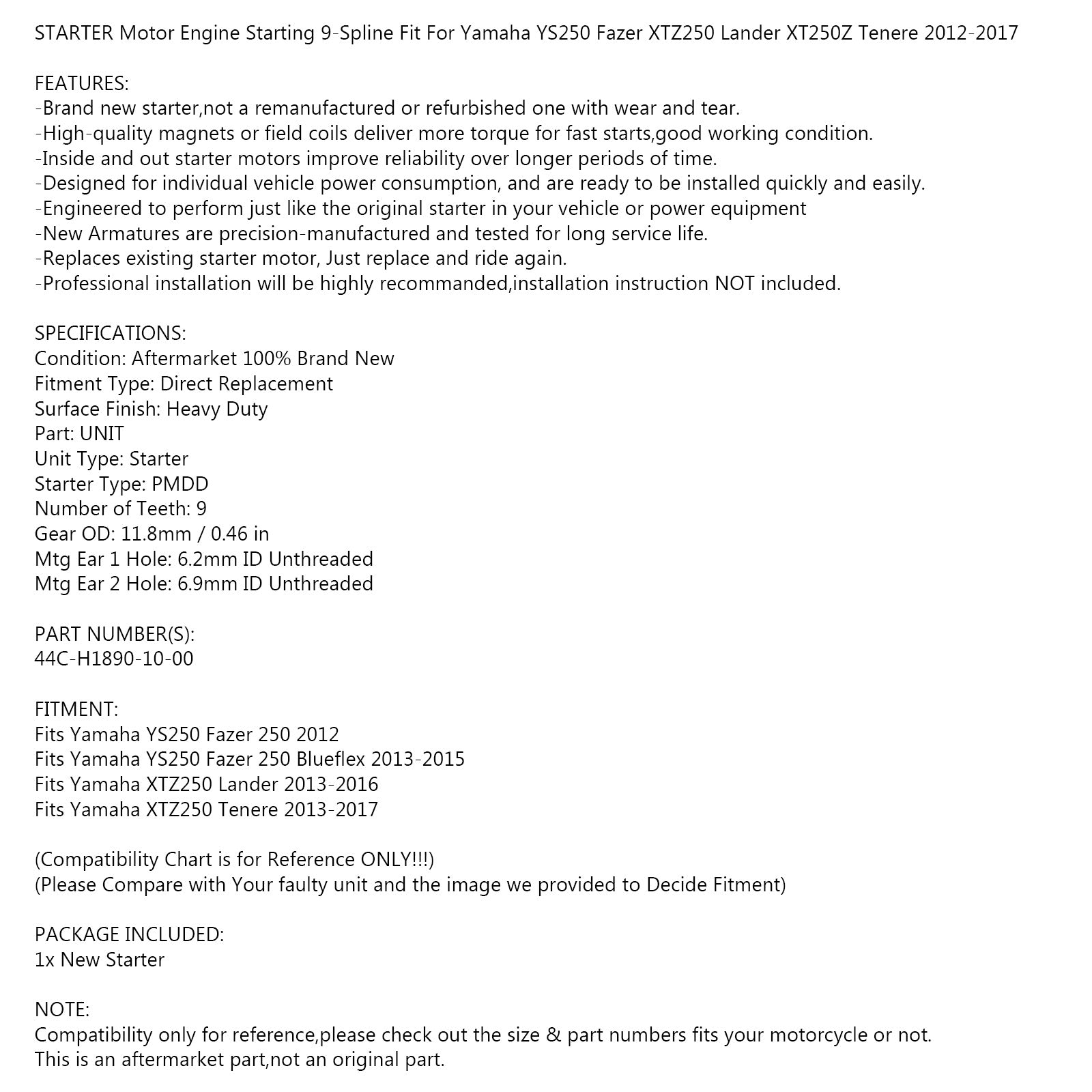 Motorino di avviamento adatto per Yamaha XTZ250 Tenere Lander YS250 Fazer 13-15 44C-H1890-10 Spedizione FedEx Express generica