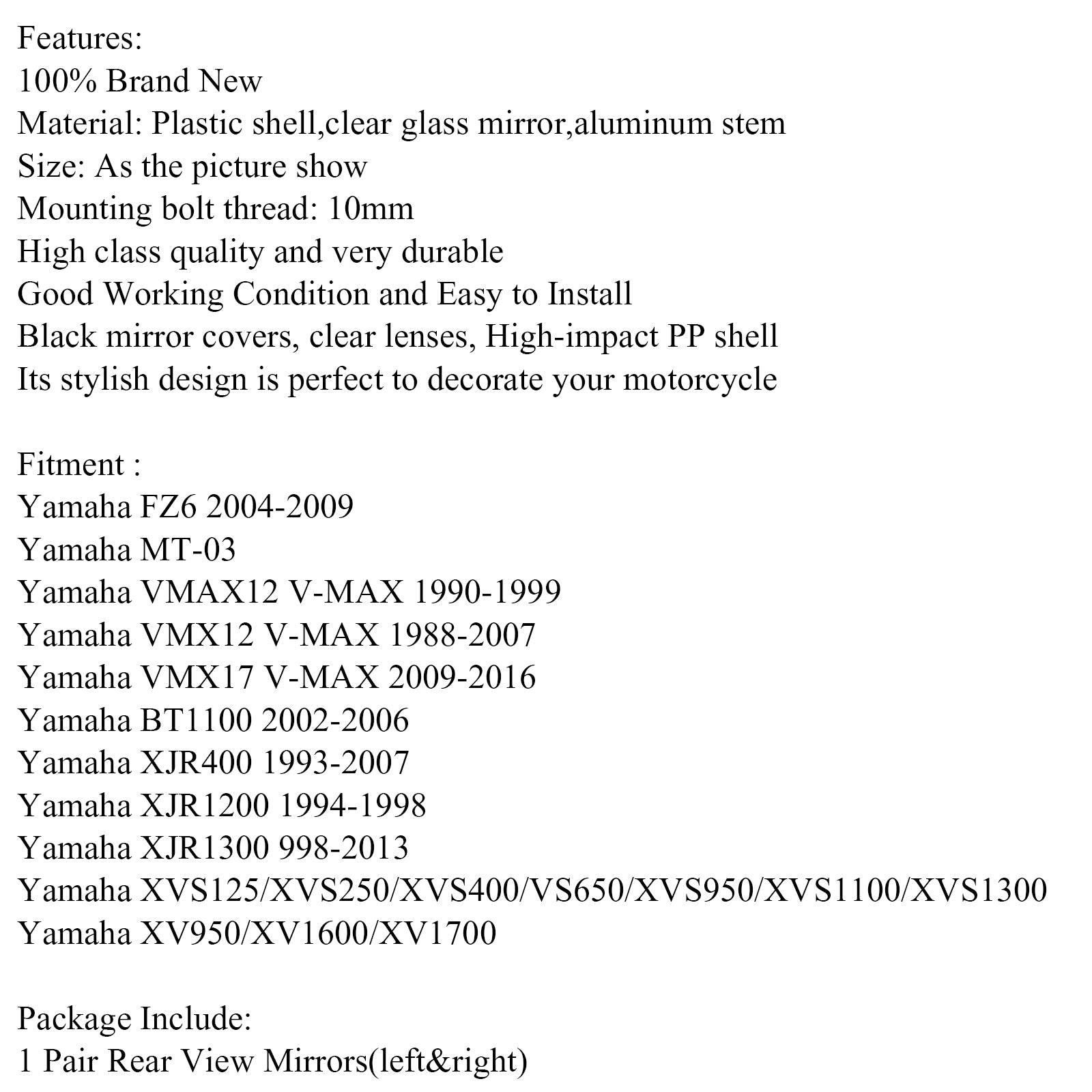 Motorrad-Rückspiegel für Yamaha V-MAX XJR1200 MT-03 FZ6 04-09 XV950
Generisch