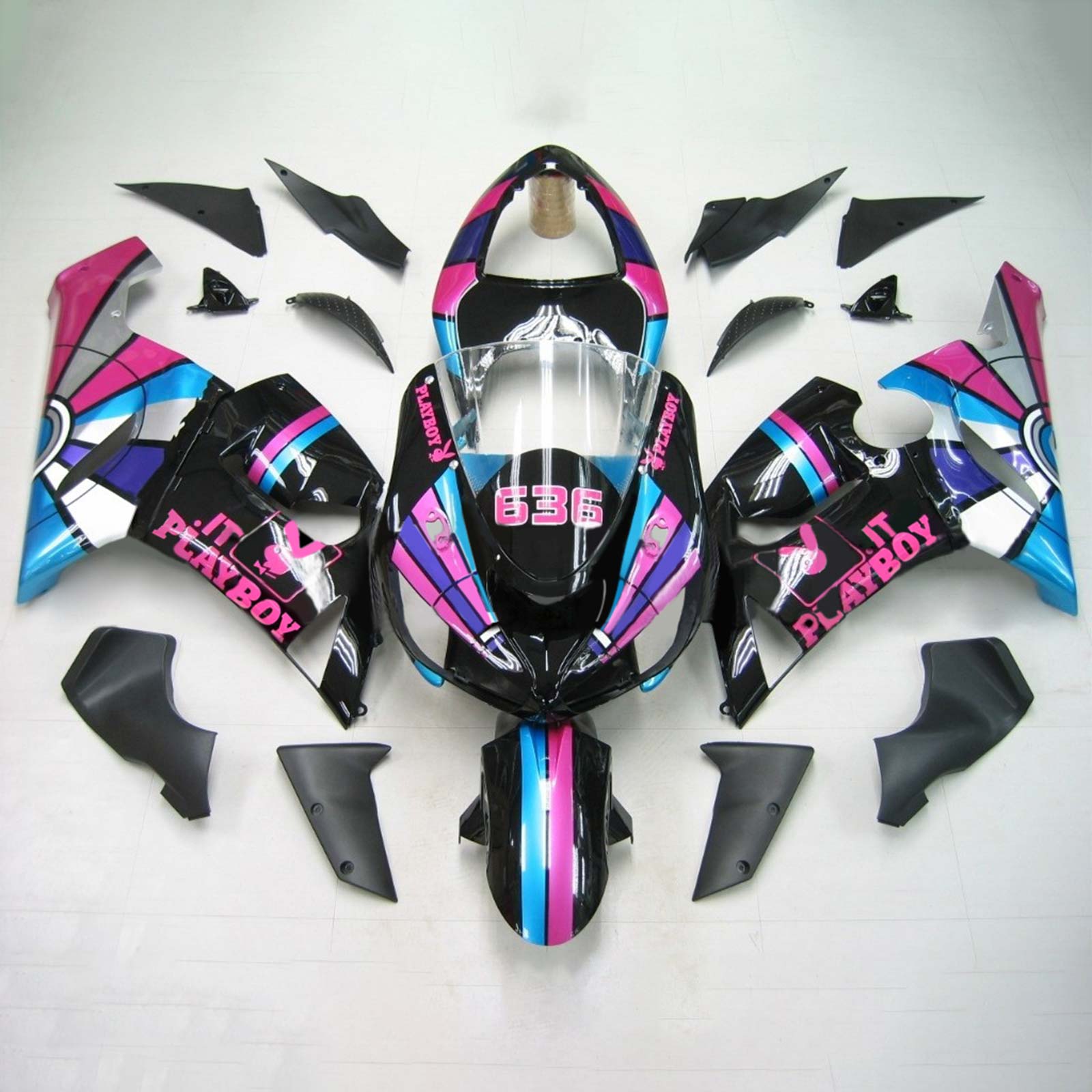 Amotopart Kawasaki 2005-2006 ZX6R 636 Black Pink Playboy Fairing Kit