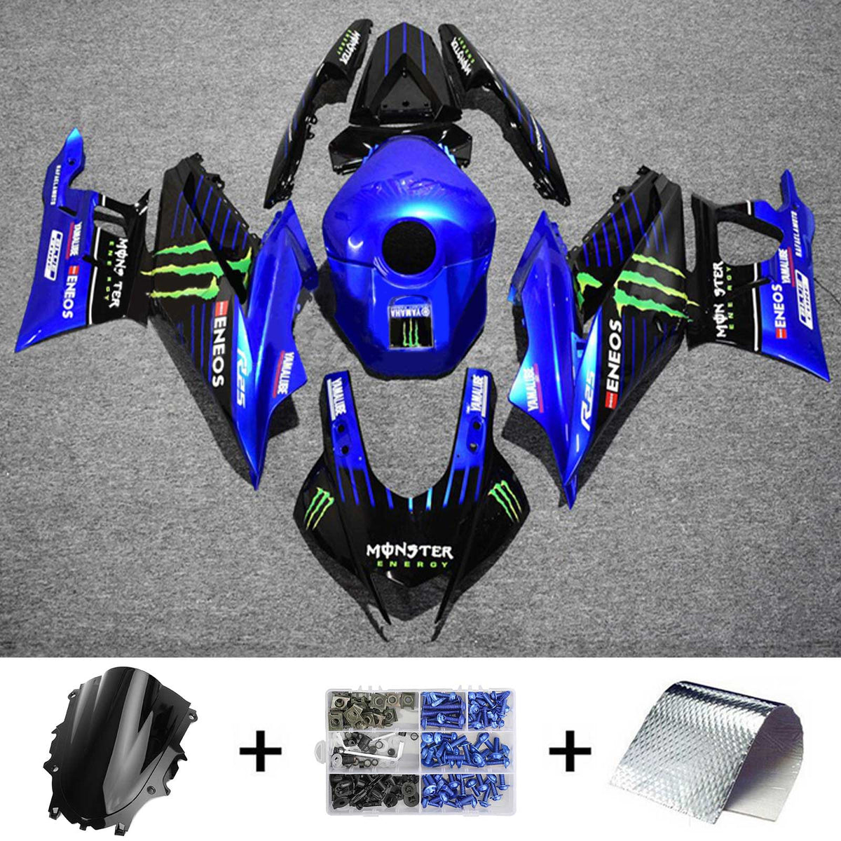 Amotopart Yamaha 2019-2021 YZF R3/YZF R25 Black&Blue Monster Style6 Fairing Kit