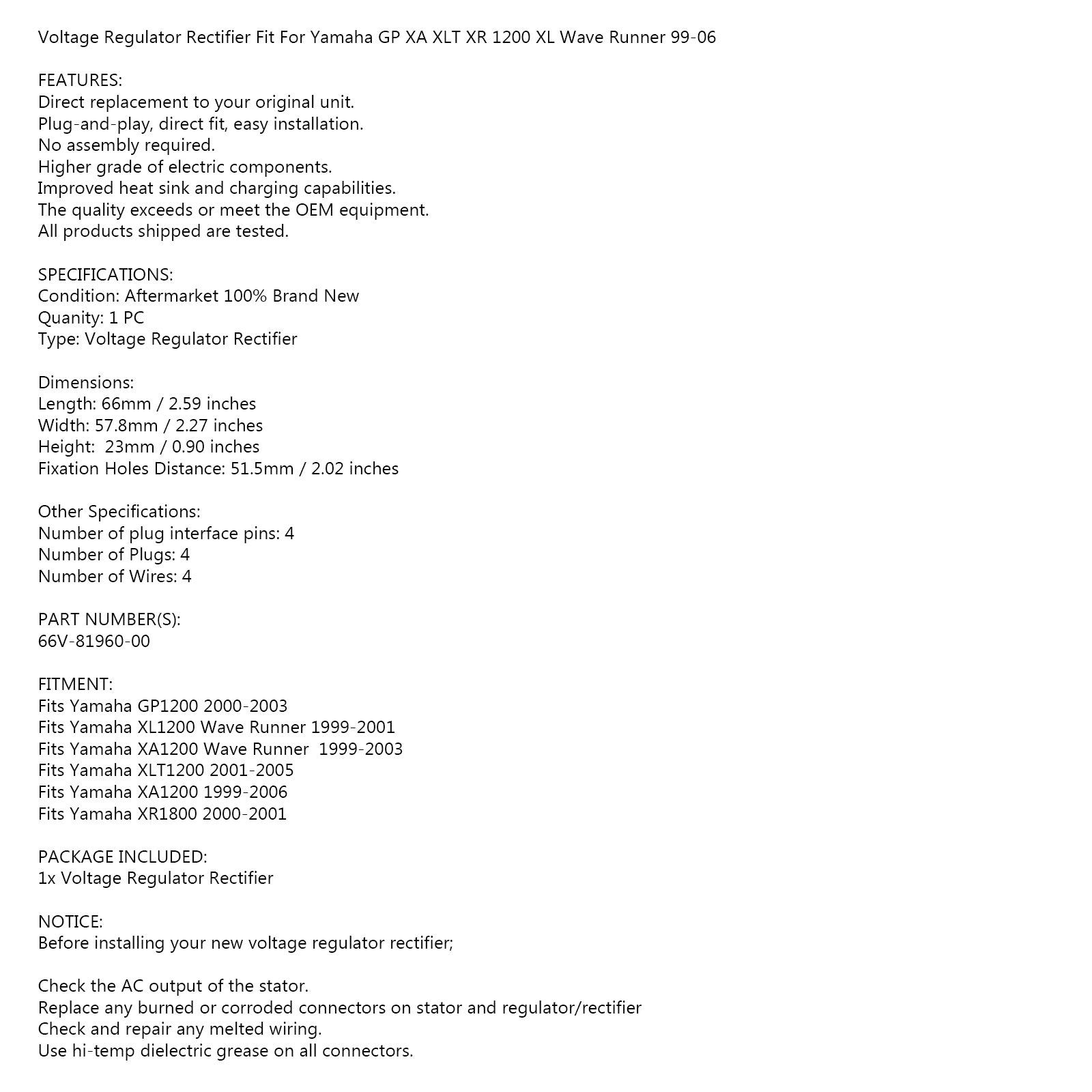 Regulator Rectifier for Yamaha XLT1200 XL1200 GP1200R XA1200 99-06 66V-81960-00