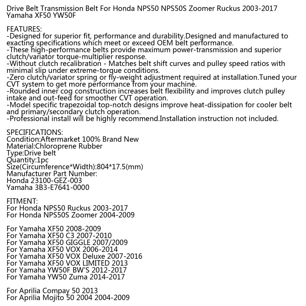 Transmission Drive Belt For Honda NPS50 Ruckus NPS50S Zoomer 03-17 Scooter 23100-GEZ-003