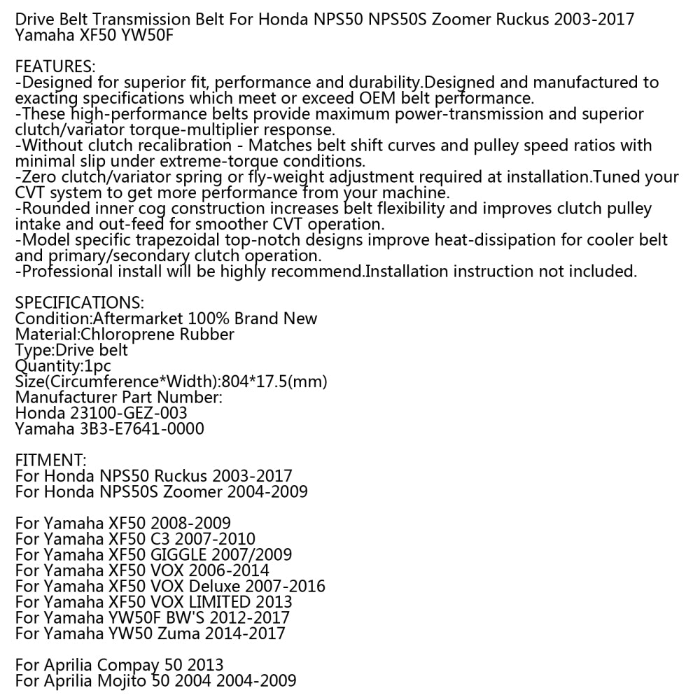 Cinghia di trasmissione per Honda NPS50 Ruckus NPS50S Zoomer 03-17 Scooter 23100-GEZ-003