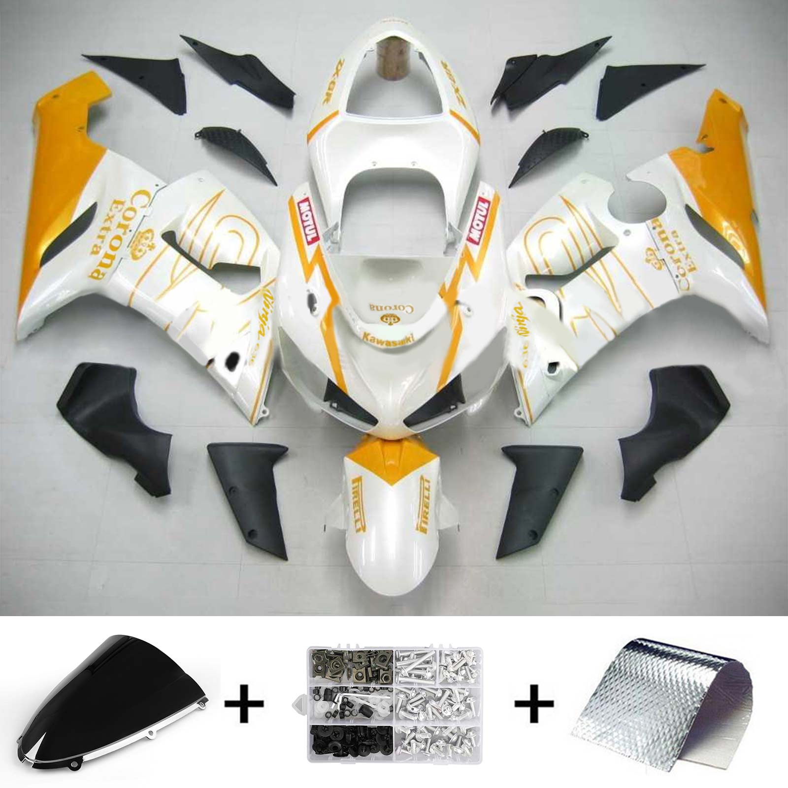 Amotopart Kawasaki 2005-2006 ZX6R 636 White Golden Line Fairing Kit