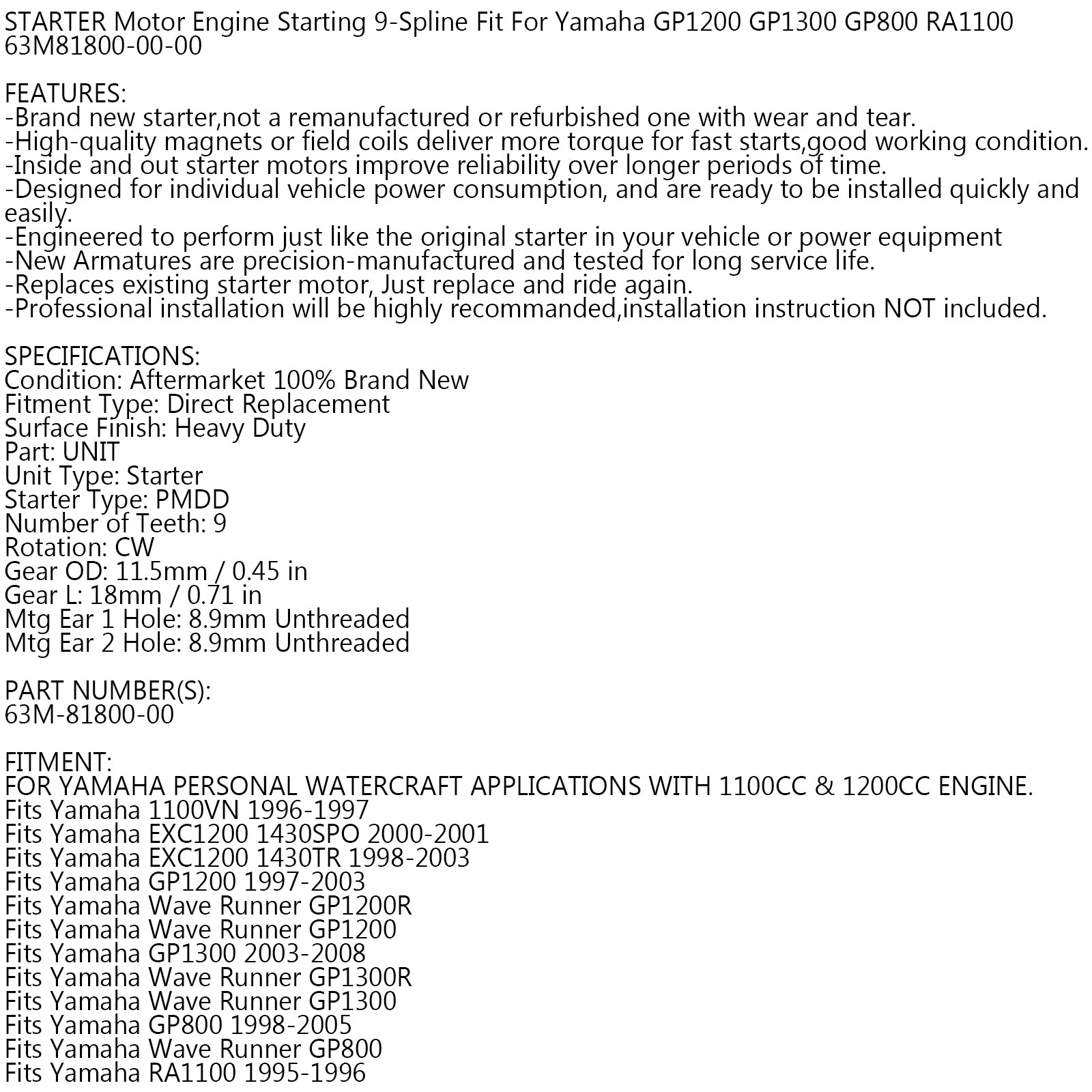 Nuovo Motorino di Avviamento per Yamaha GP1200 GP1300 XL1100 XL1200 GP800 RA1100 63M81800-00-00 Spedizione FedEx Express generica