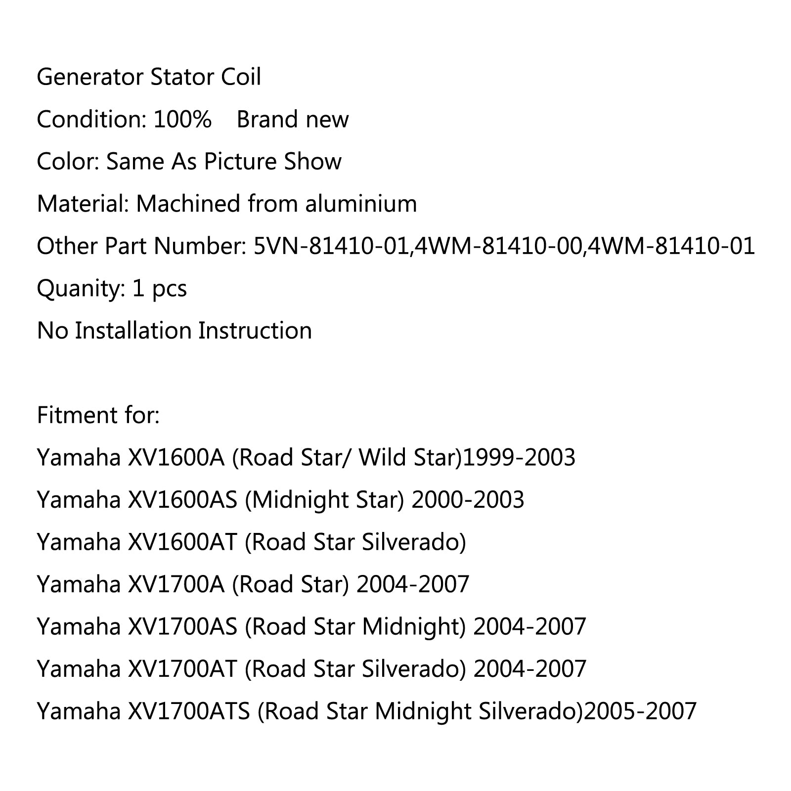 ヤマハ XV1700AT (ロードスター シルバラード) 2004-2007 用ジェネレーター ステーター コイル