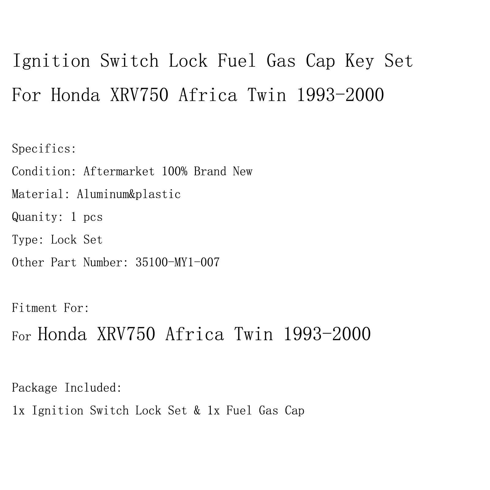 Set di chiavi per tappo serbatoio carburante con blocco interruttore di accensione per Honda XRV750 Africa Twin 1993-2000