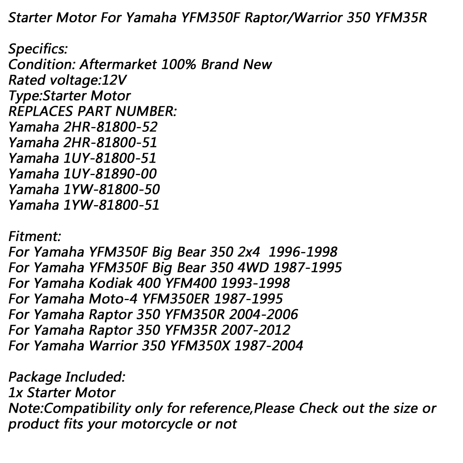 Démarreur électrique pour Yamaha YFM350F Big Bear 350 4WD YFM350R Raptor Moto-4