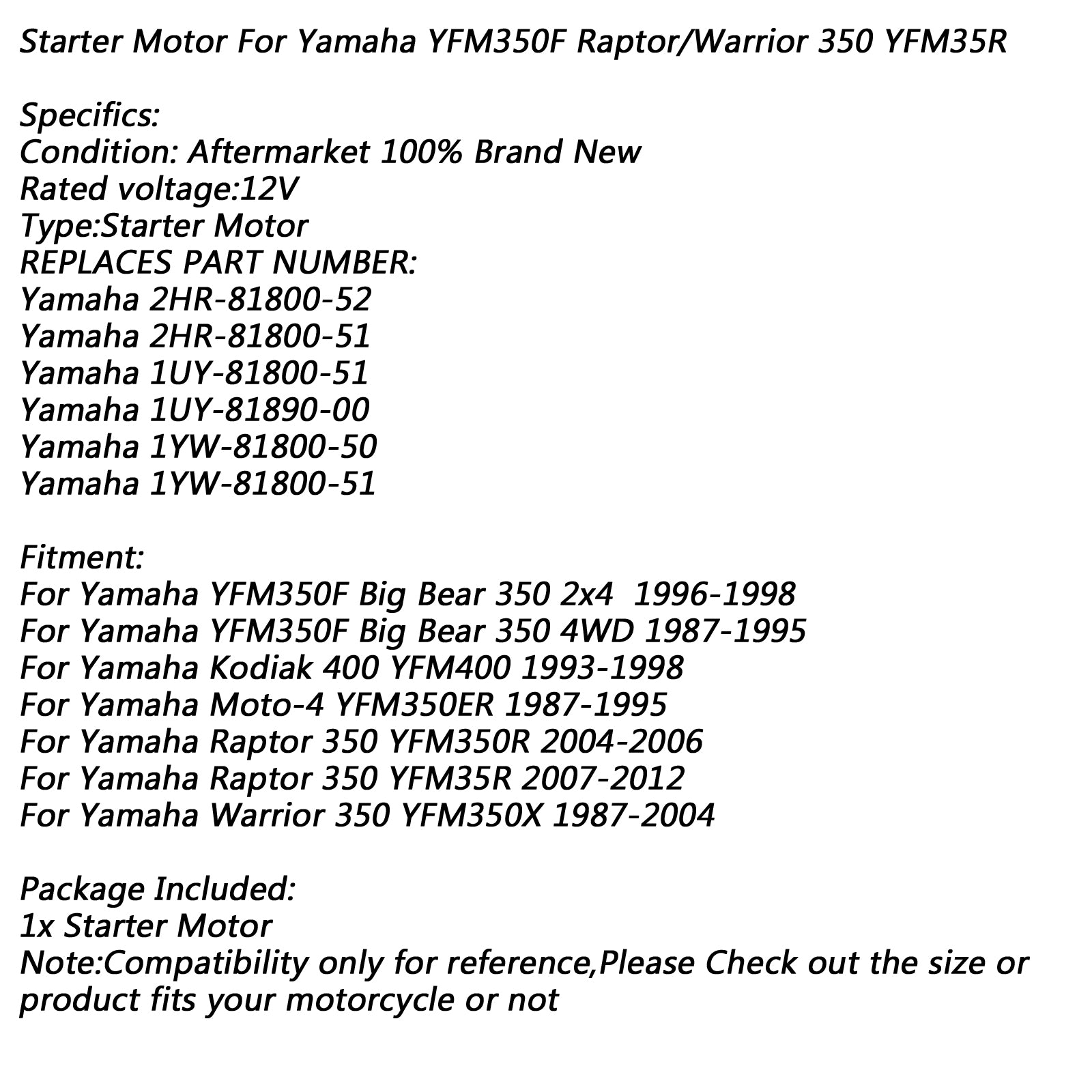 Motorino di Avviamento Elettrico per Yamaha YFM350F Big Bear 350 4WD YFM350R Raptor Moto-4