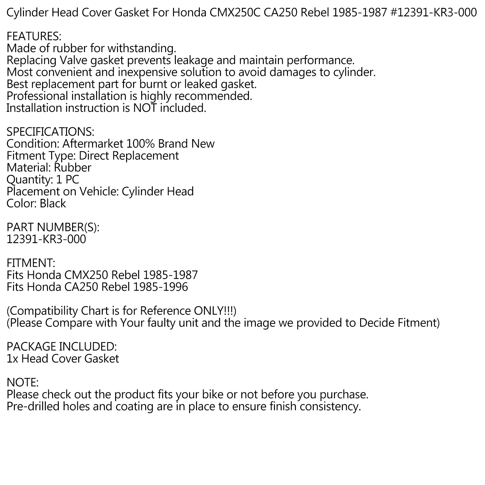 Cylinder Head Cover Gasket for Honda CMX250C CA250 Rebel 1985-1996 12391-KR3-000