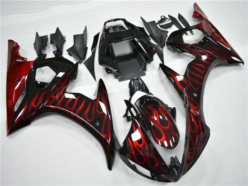 Amotopart 2003-2004 Yamaha YZF R6 Fairing Black&Red Flame Kit