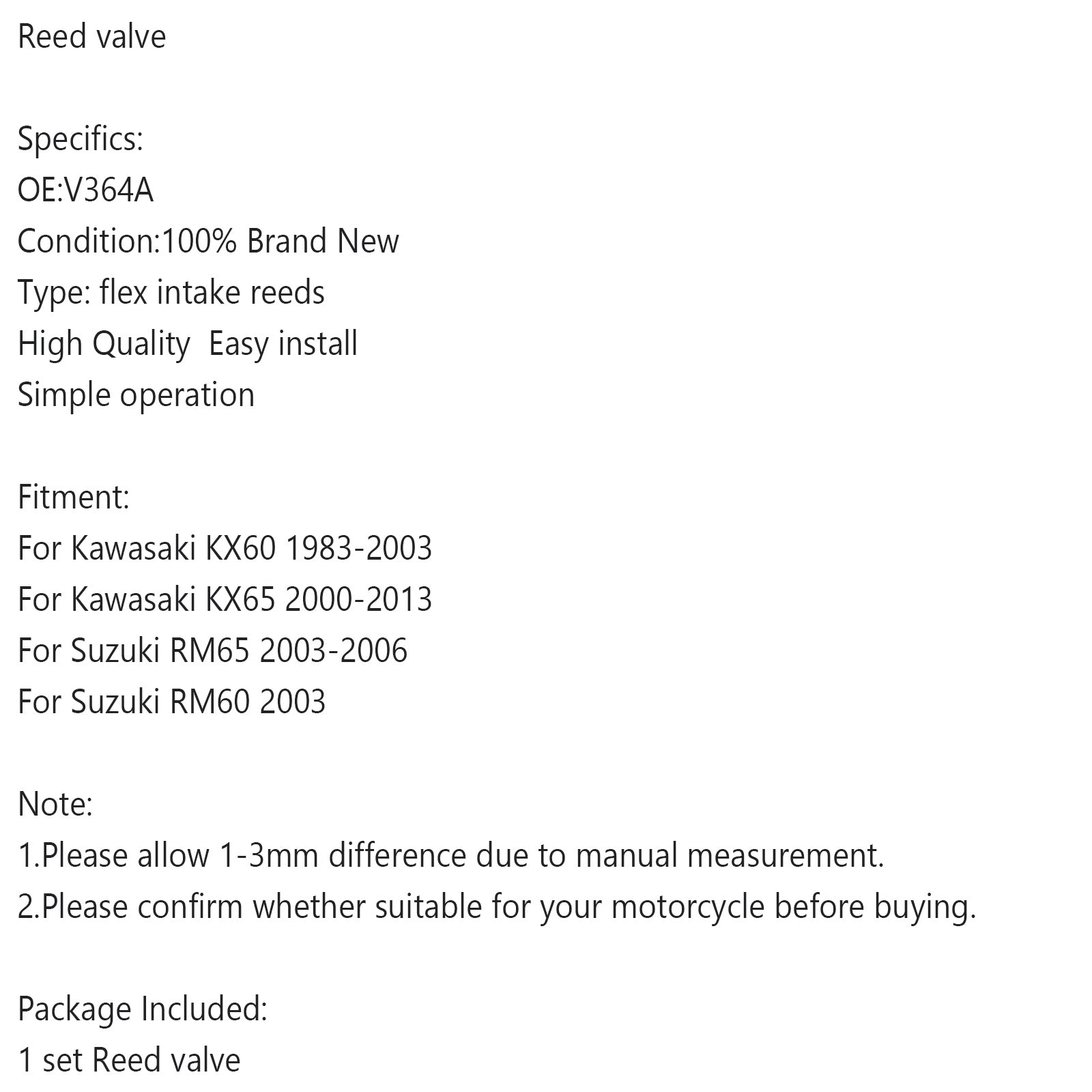 V364A Sistema di valvole lamellari adatto per Kawasaki Dirtbike P/N KX60 KX65 RM65 RM60 generico