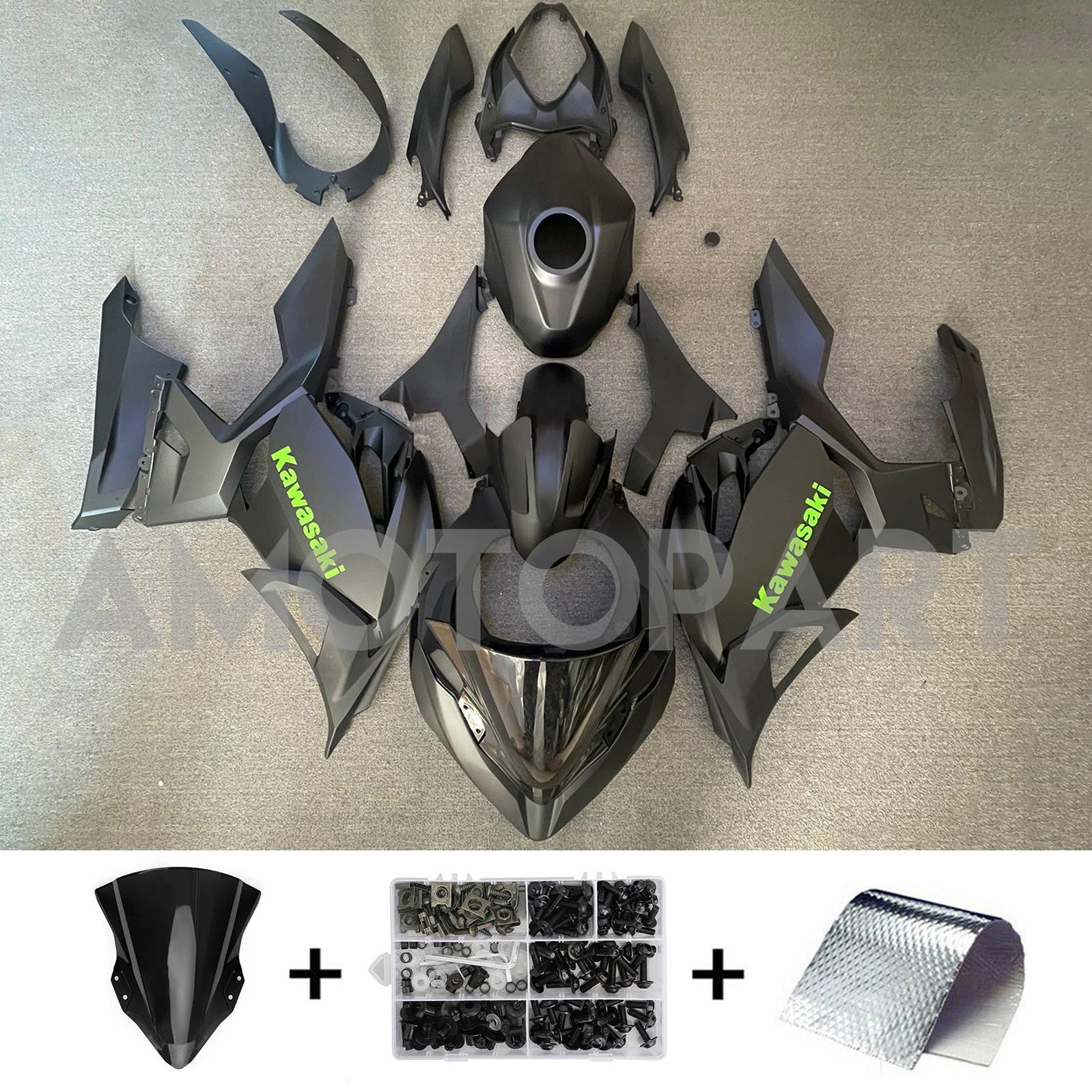 Amotopart Kawasaki 2018-2024 EX400/Ninja400 Matte Black with Green Logo Fairing Kit