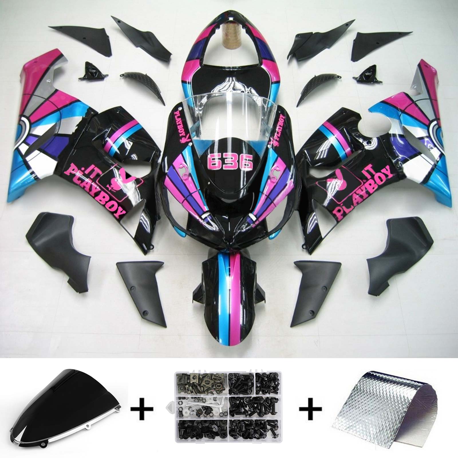 Amotopart Kawasaki 2005-2006 ZX6R 636 Black Pink Playboy Fairing Kit