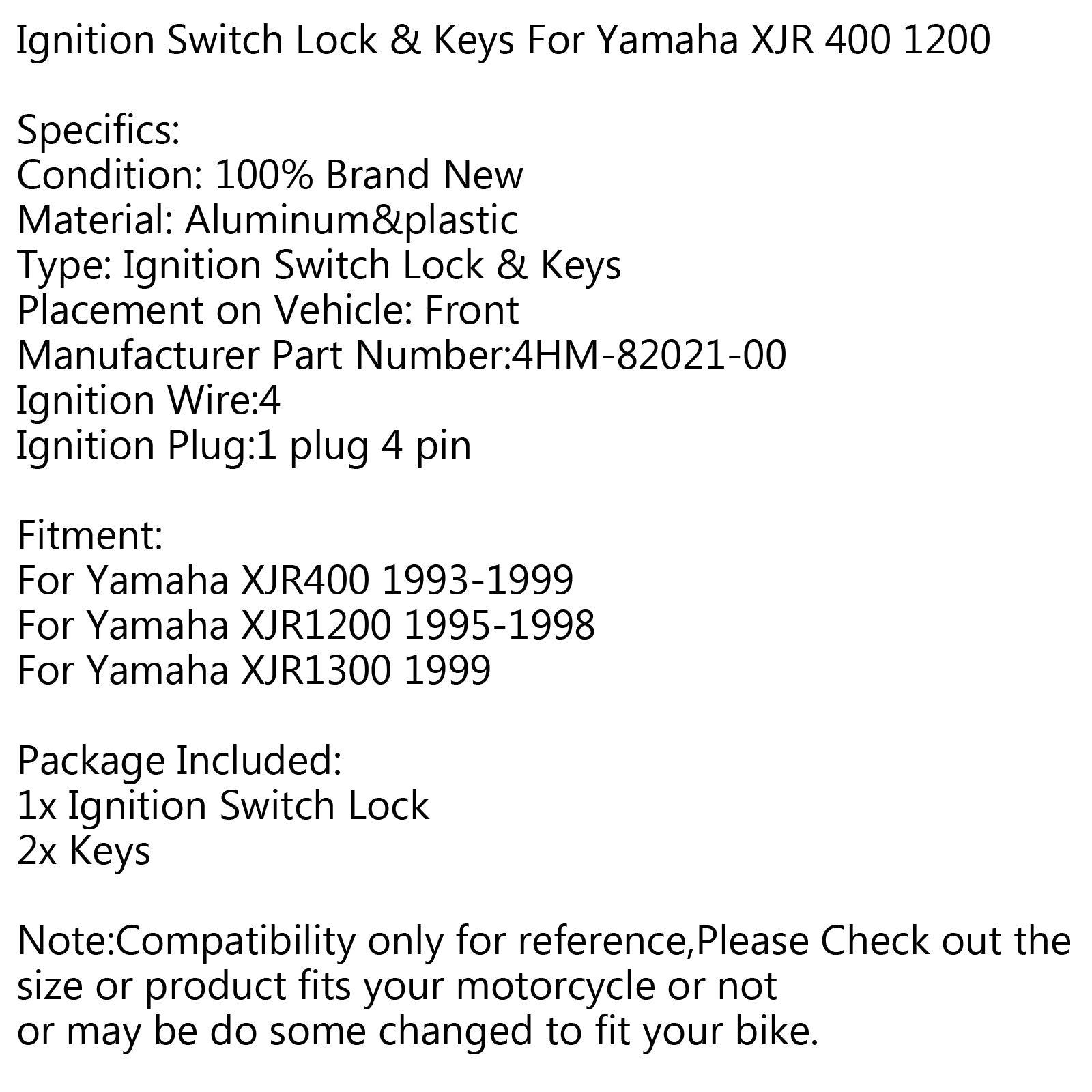 Ignition Switch Lock Keys For Yamaha XJR400 93-99 XJR1200 95-98 XJR1300 1999