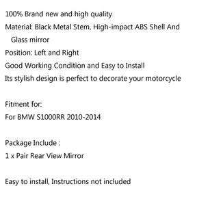 Coppia specchietti retrovisori neri per BMW S1000RR S1000 RR 2010-2014 Sport Bike generico