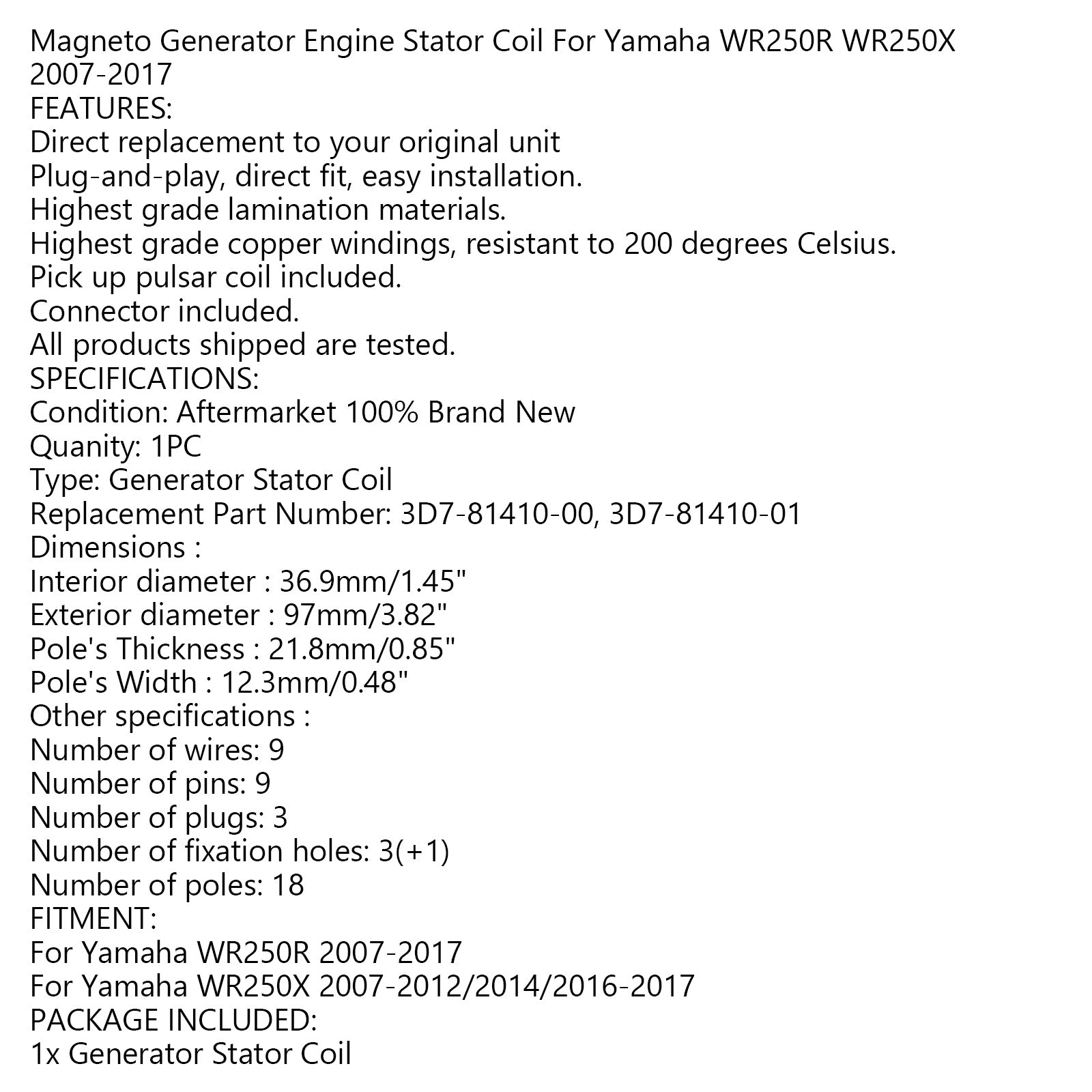 Generator Stator For Yamaha WR250R WR250X 2007-2017 3D7-81410-00 3D7-81410-01