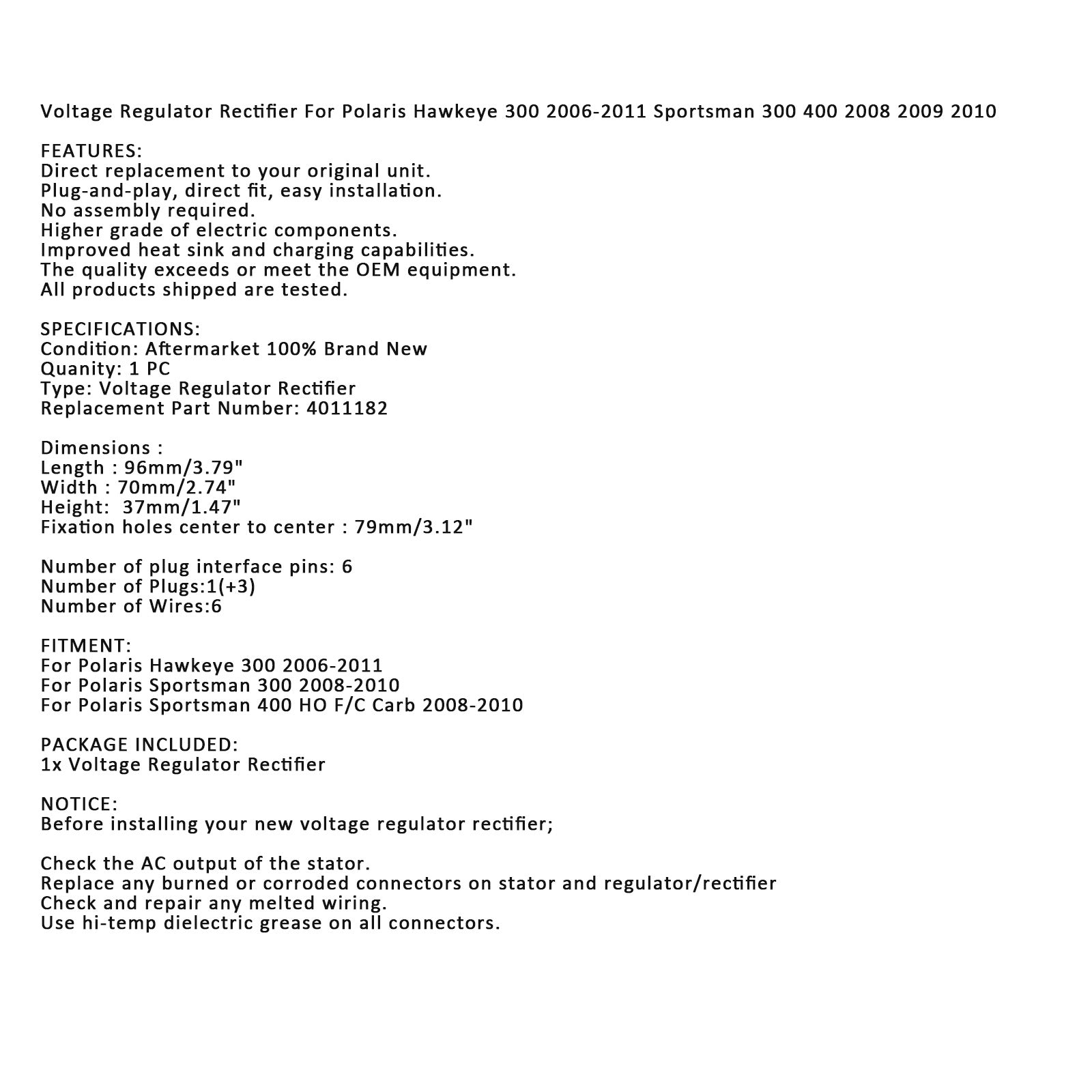 Voltage Rectifier Regulator For Polaris Sportsman / Hawkeye 300 06-11 #.4011182 Generic