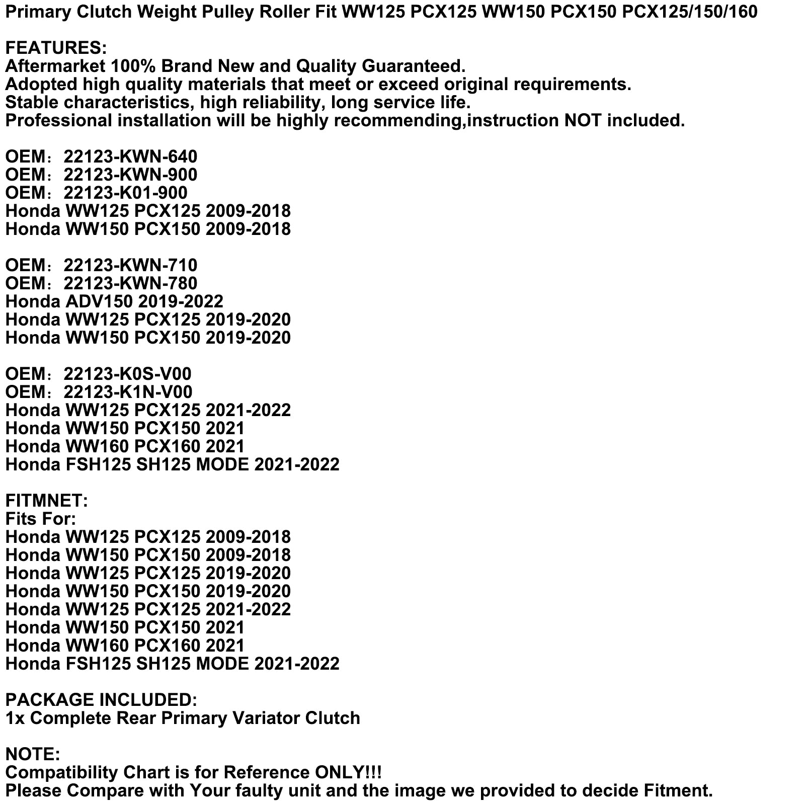 Primäre Kupplungsgewicht-Riemenrolle, passend für Honda Ww125 Pcx125 Ww150 Pcx150 Pcx125