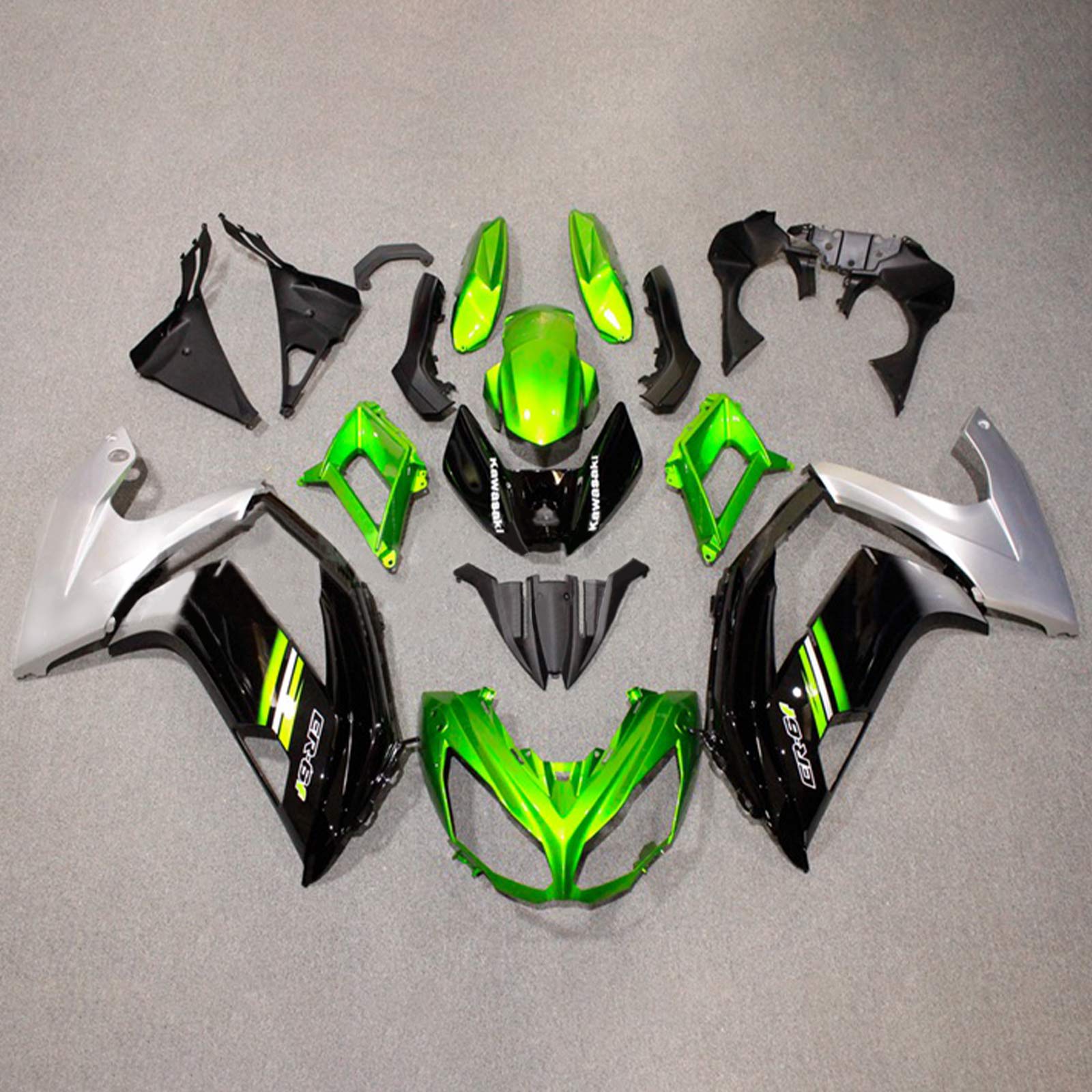 Amotopart 2012-2016 Kawasaki Ninja 650 Kit de carenado verde negro plateado