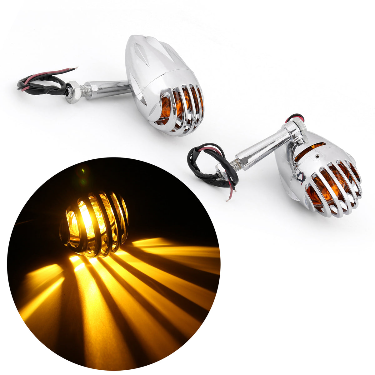 2pcs Motorcycle Turn Signals Grill Bullet Amber Indicator Lights Lamp Chrome