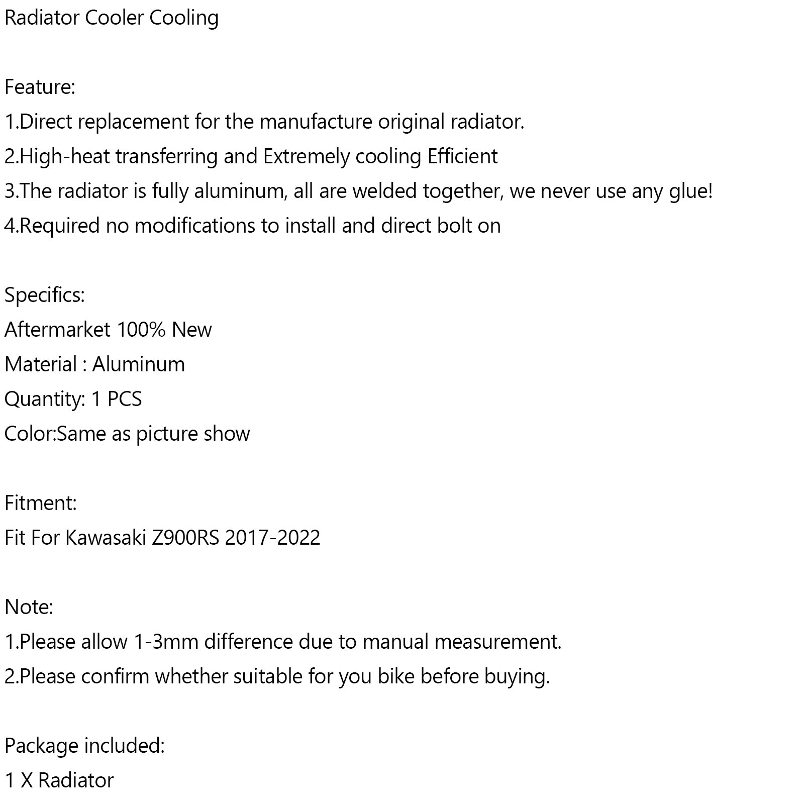 Aluminum Radiator Cooler Cooling For Motorcycle Kawasaki Z900RS 2017-2022