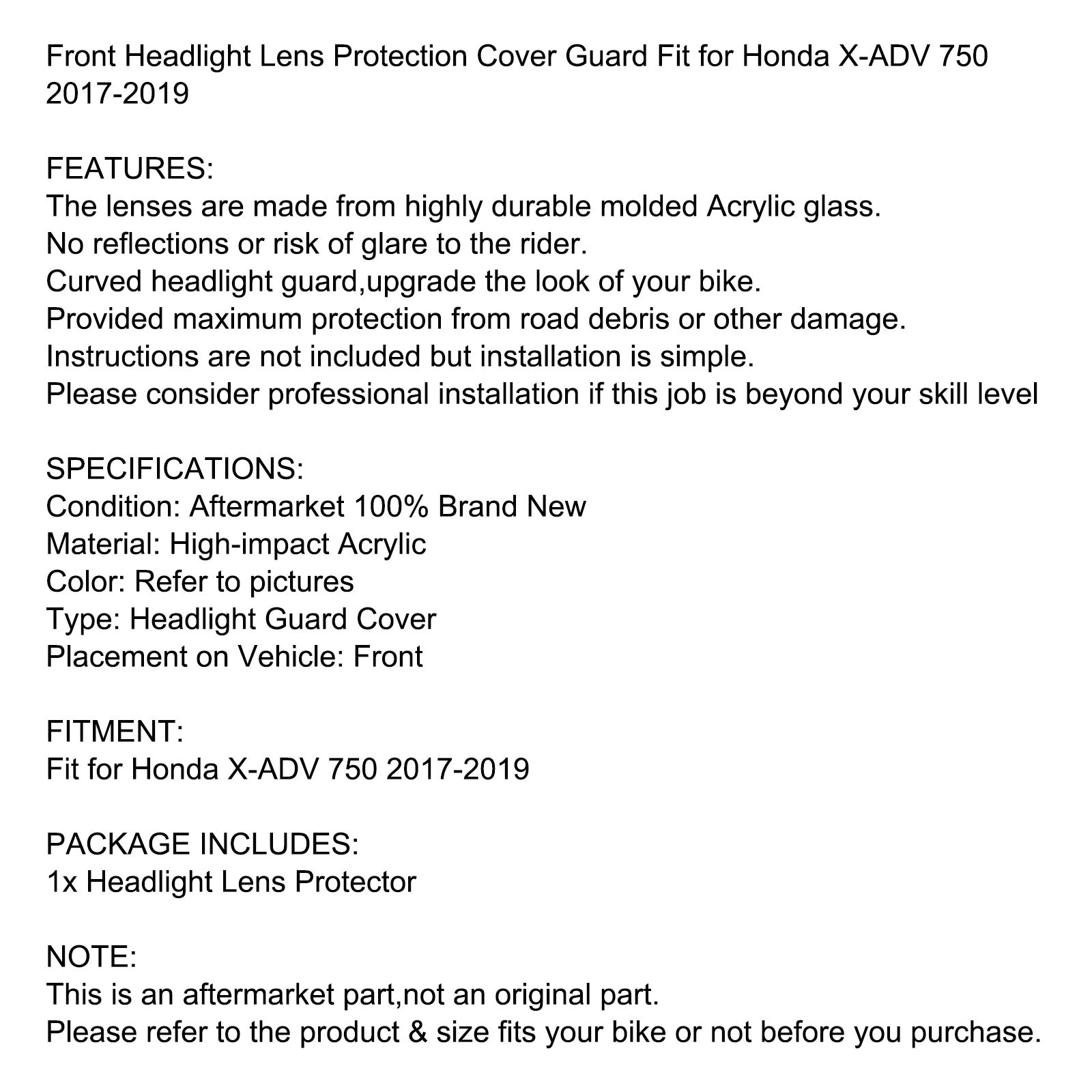 Couvercle de Protection de lentille de phare avant adapté à Honda x-adv 750 2017 – 2019, fumée générique