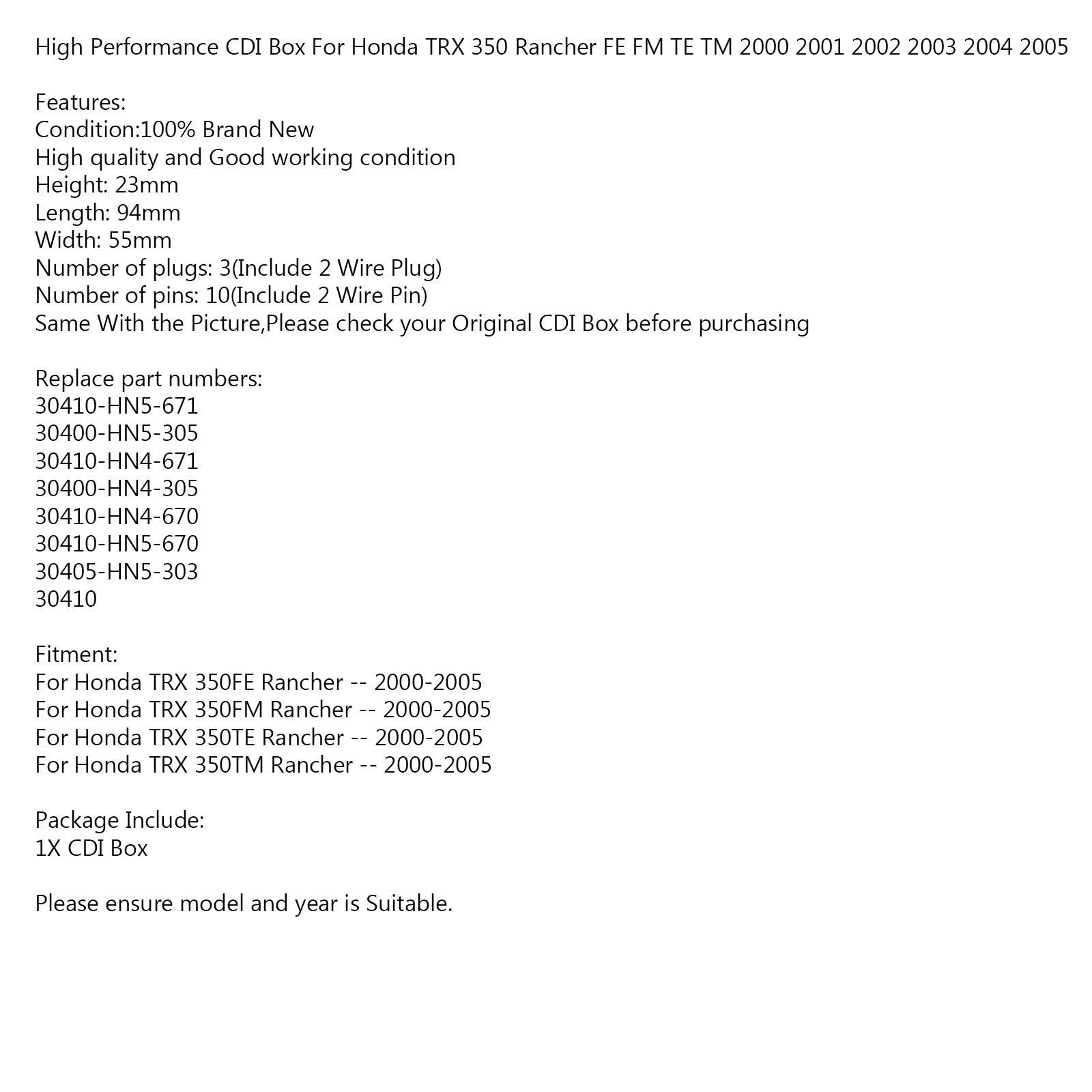 CDI-Box-Ersatz für Honda TRX350FE TRX350FM TRX350TE TRX350TM 00 01 02 03 05