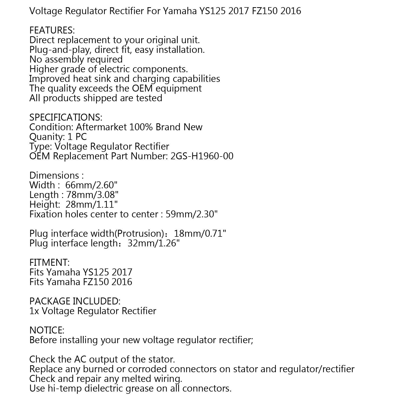 新しい電圧レギュレータ整流器ヤマハ YS125 2017 FZ150 2016 2GS-H1960-00