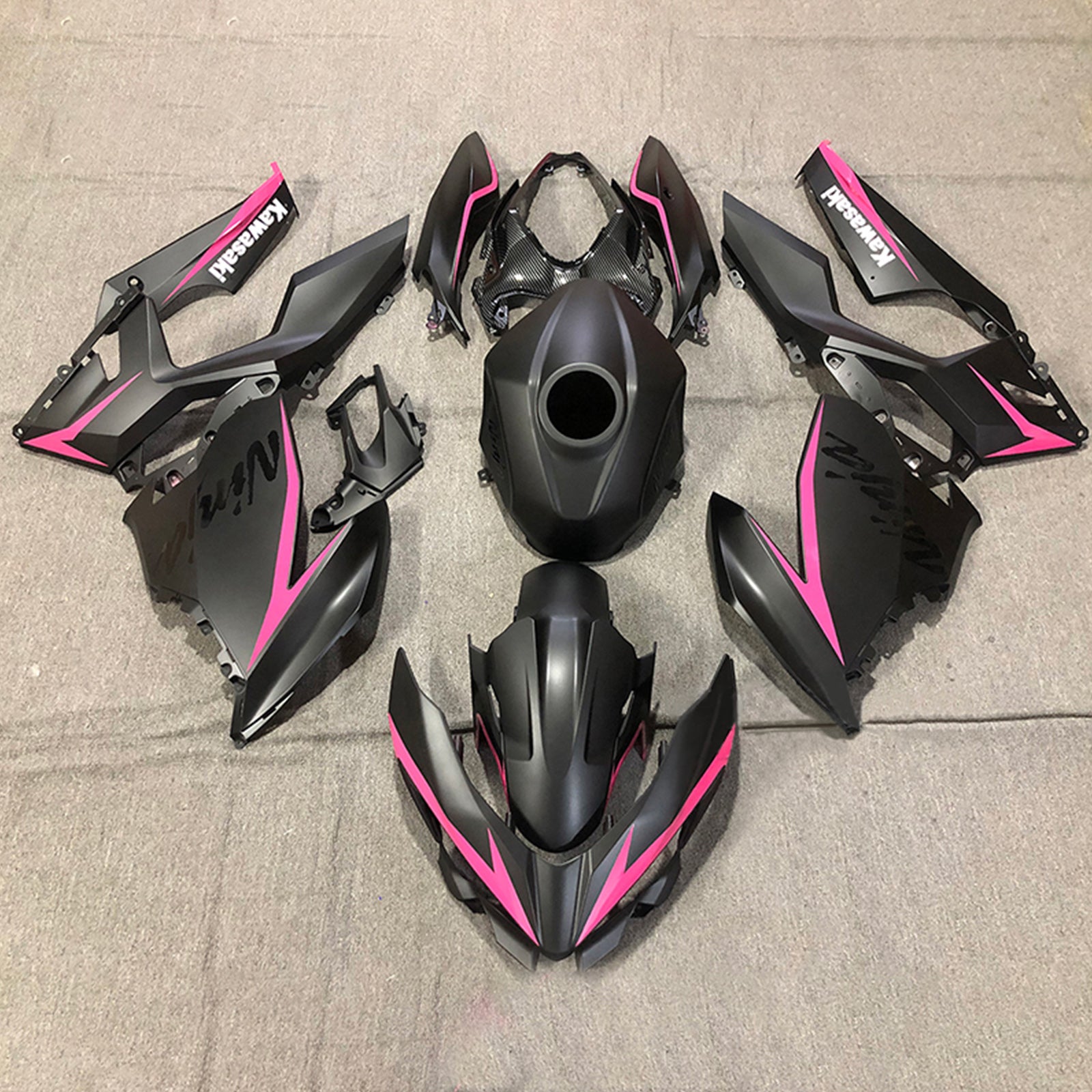 Amotopart Kawasaki 2018-2023 EX400/Ninja400 Kit de carenado negro línea rosa