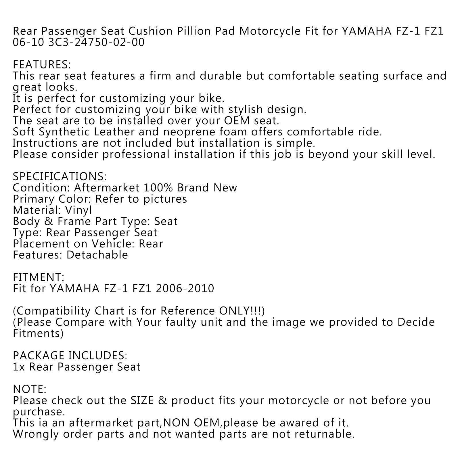 06-10 Yamaha Fz-1 Fz1 Rear Passenger Seat Black Cushion 3C3-24750-02-00