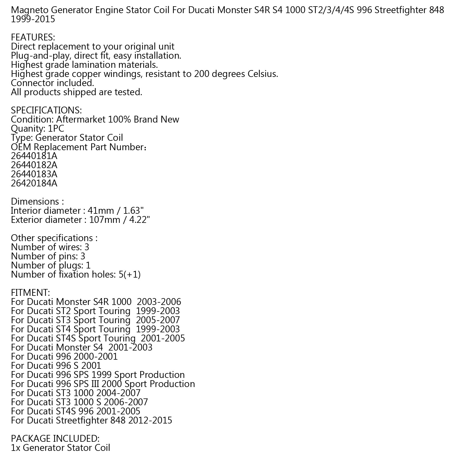 Generator Stator Coil For Ducati Monster S4R 1000 2003-2006 996 2000-2001