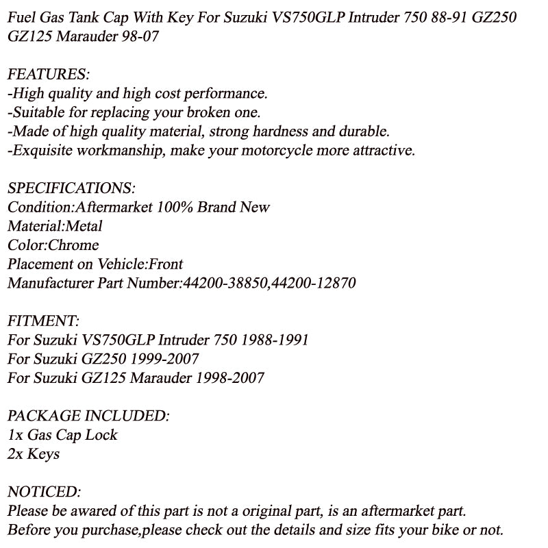Fuel Gas Tank Cap Keys For Suzuki GZ250 GZ125 Marauder 98-07 Intruder VS750GLP