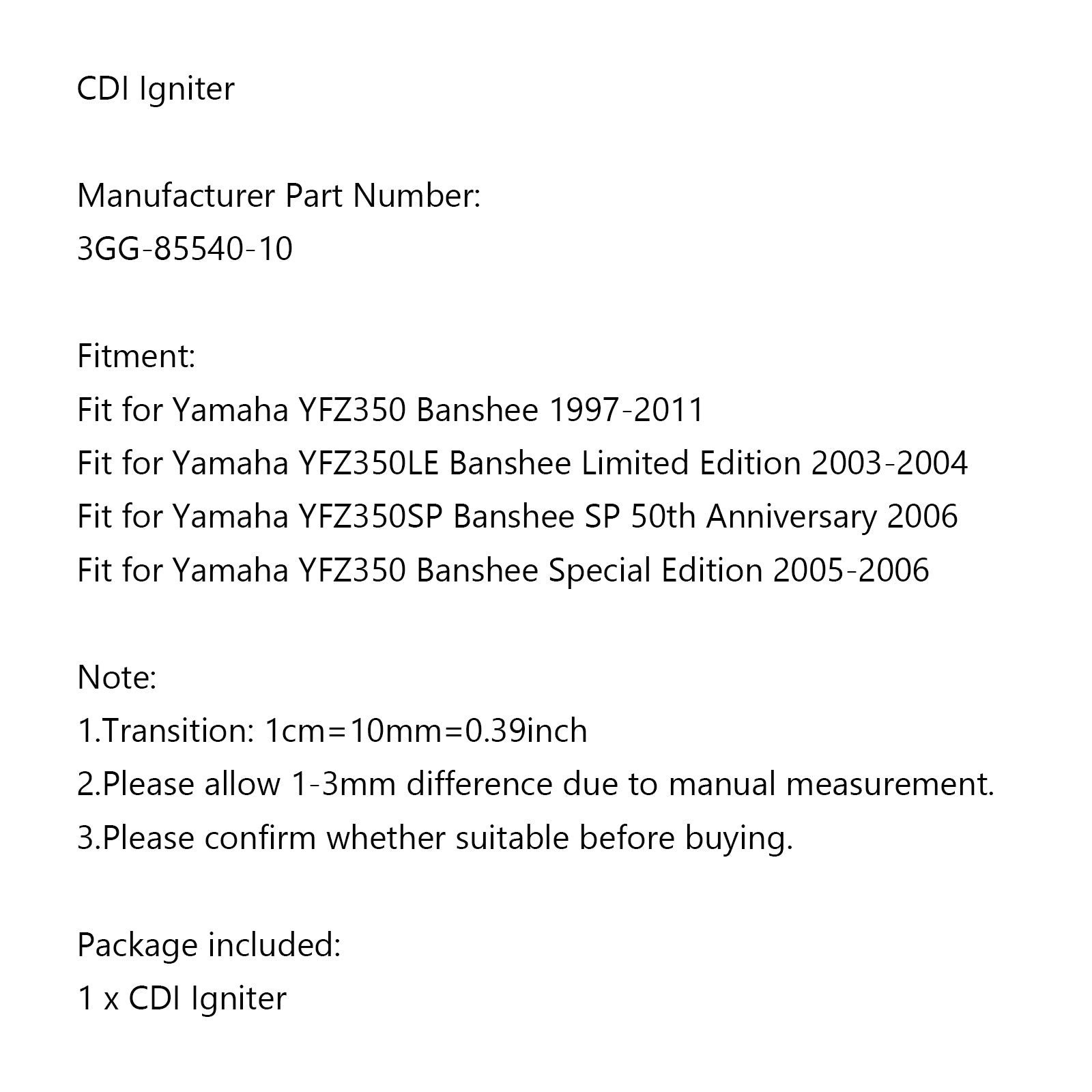 Accenditore CDI adatto per Yamaha YFZ350 Banshee YFZ350LE YFZ350SP 3GG-85540-10