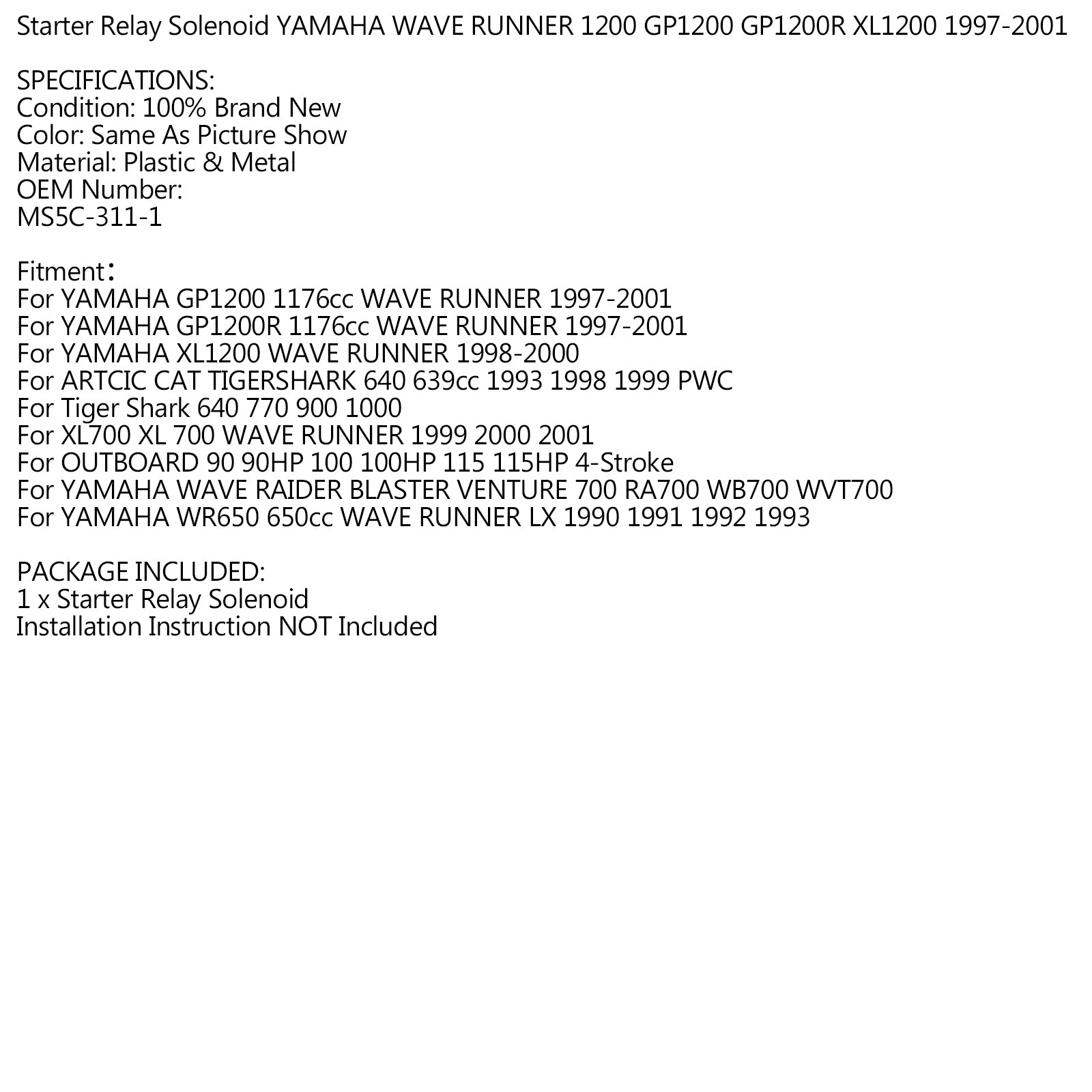 Starter Relay Solenoid For YAMAHA WAVE RUNNER 1200 GP1200 GP1200R XL1200 1997-01