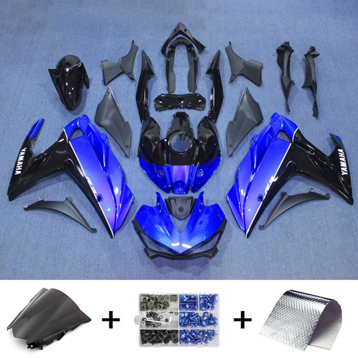 Amotopart Verkleidungsset Yamaha 2014–2018 YZF R3 &amp; 2015–2017 YZF R25 Schwarz mit blauem Verkleidungsset