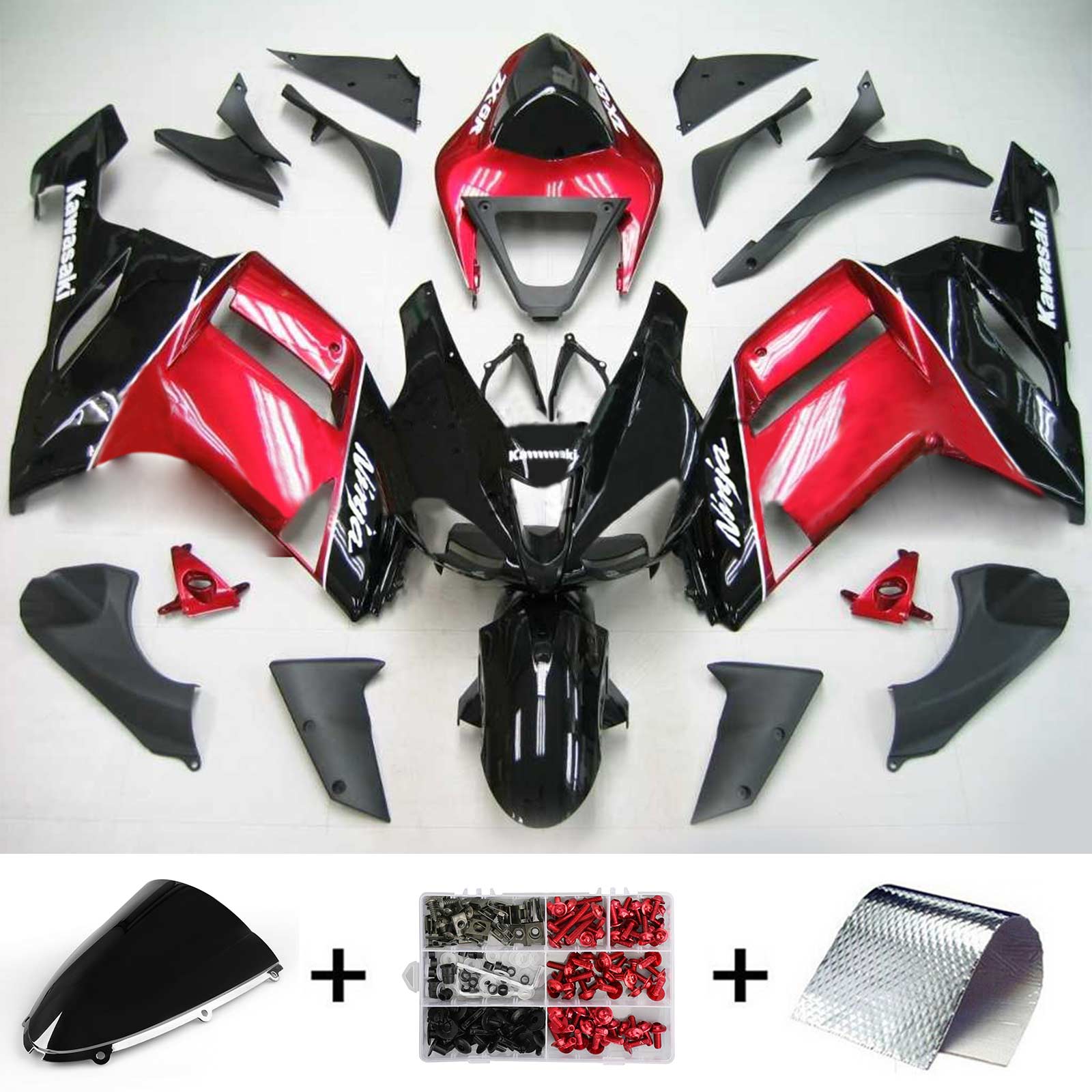 Amotopart Kawasaki 2007-2008 ZX6R 636 Sort med Red Fairing Kit
