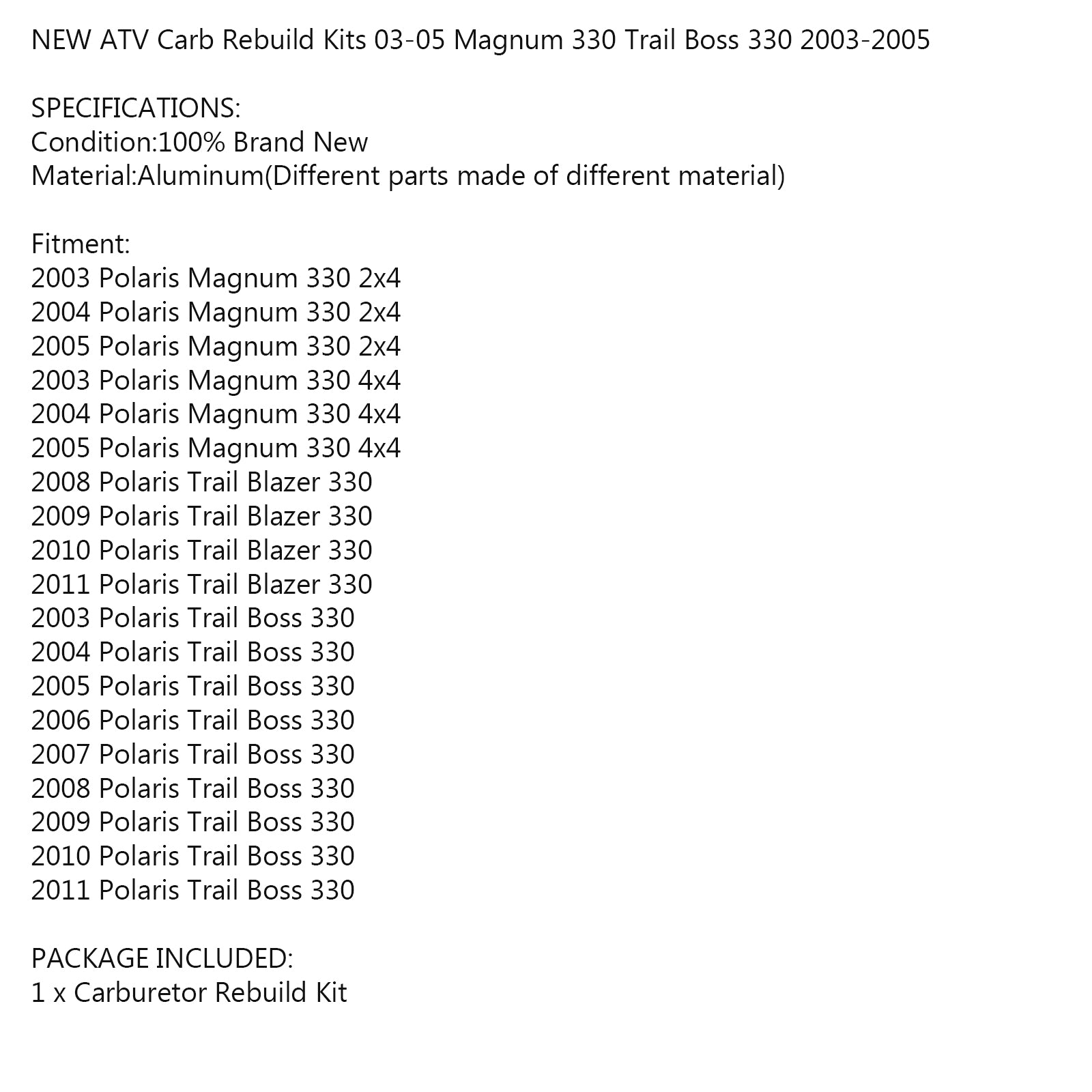 Kit di riparazione ricostruzione carburatore Carb per Polaris Magnum 330 2x4 4x4 2003-2005 2004