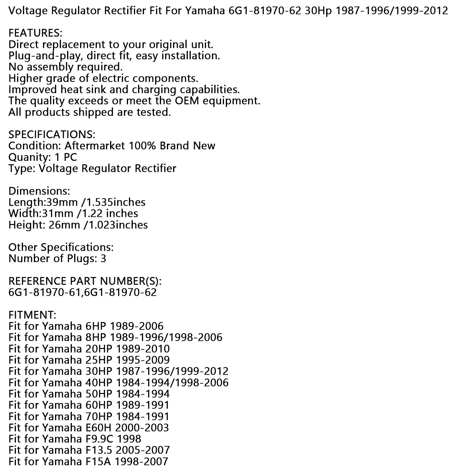 Spannungsregler passend für Yamaha 20 PS 1989–2010, Yamaha 40 PS 1984–1994/1998–2006