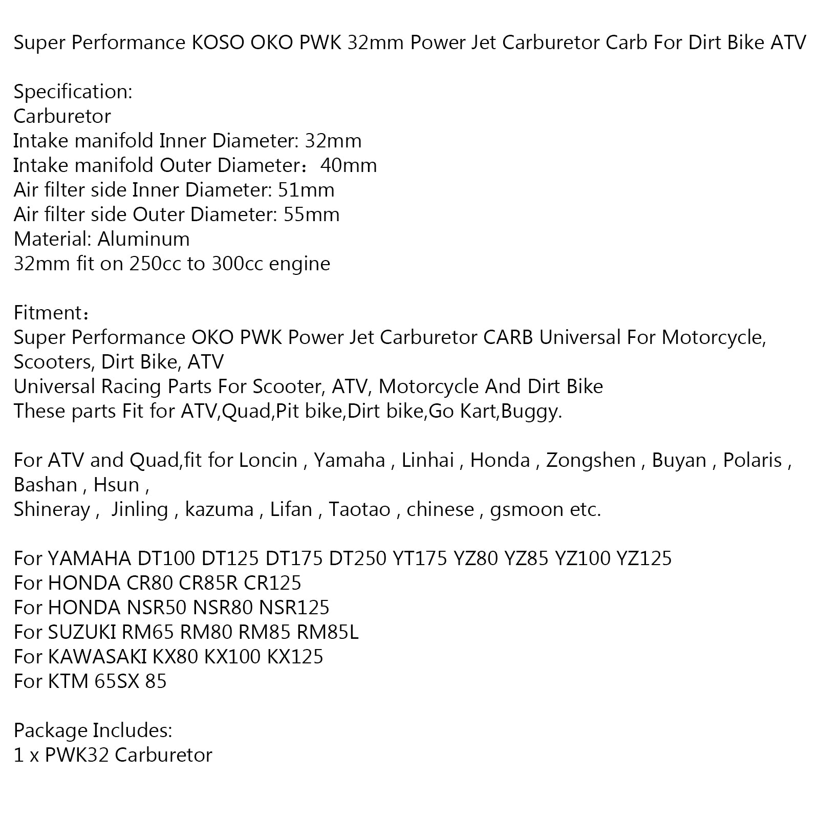 Super Performance KOSO OKO PWK 32mm Power Jet Carburetor Carb For Dirt Bike ATV Generic