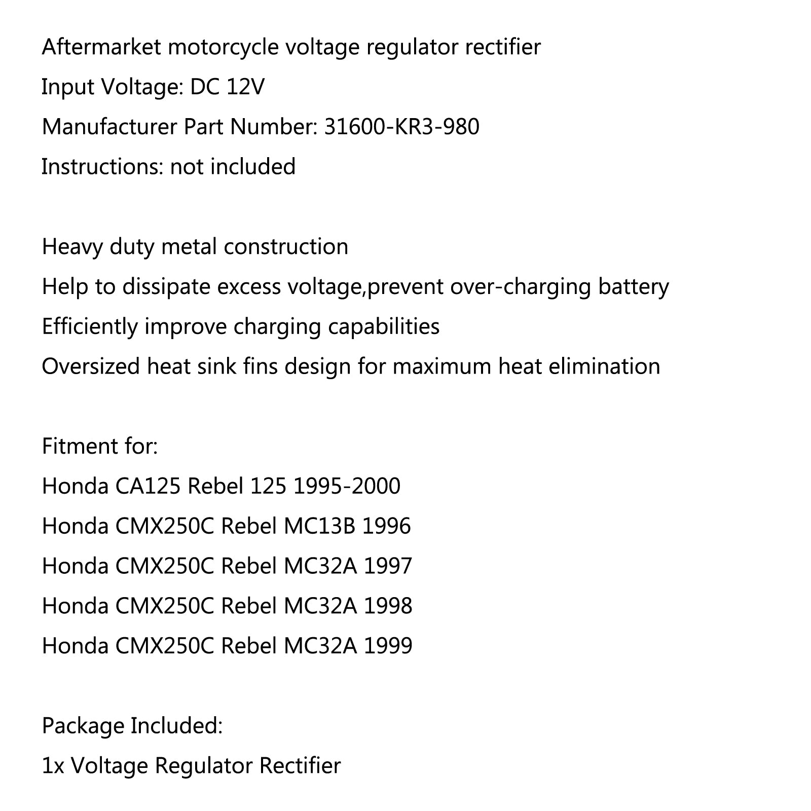 Rectificador regulador de voltaje para Honda CMX250C Rebel MC32A 1997-1999 MC13B 1996