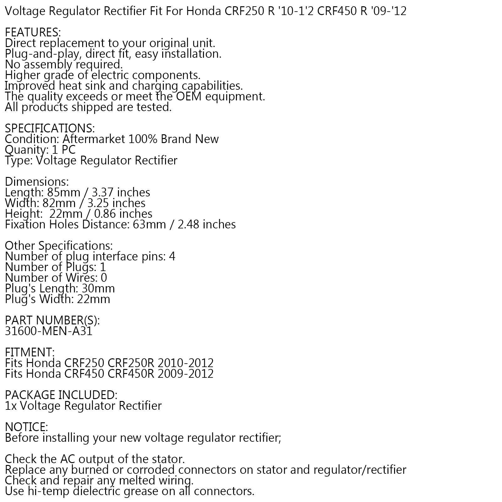 Regulator Rectifier for Honda CRF250 R 2010-12 CRF450 R 09-2012 31600-MEN-A31