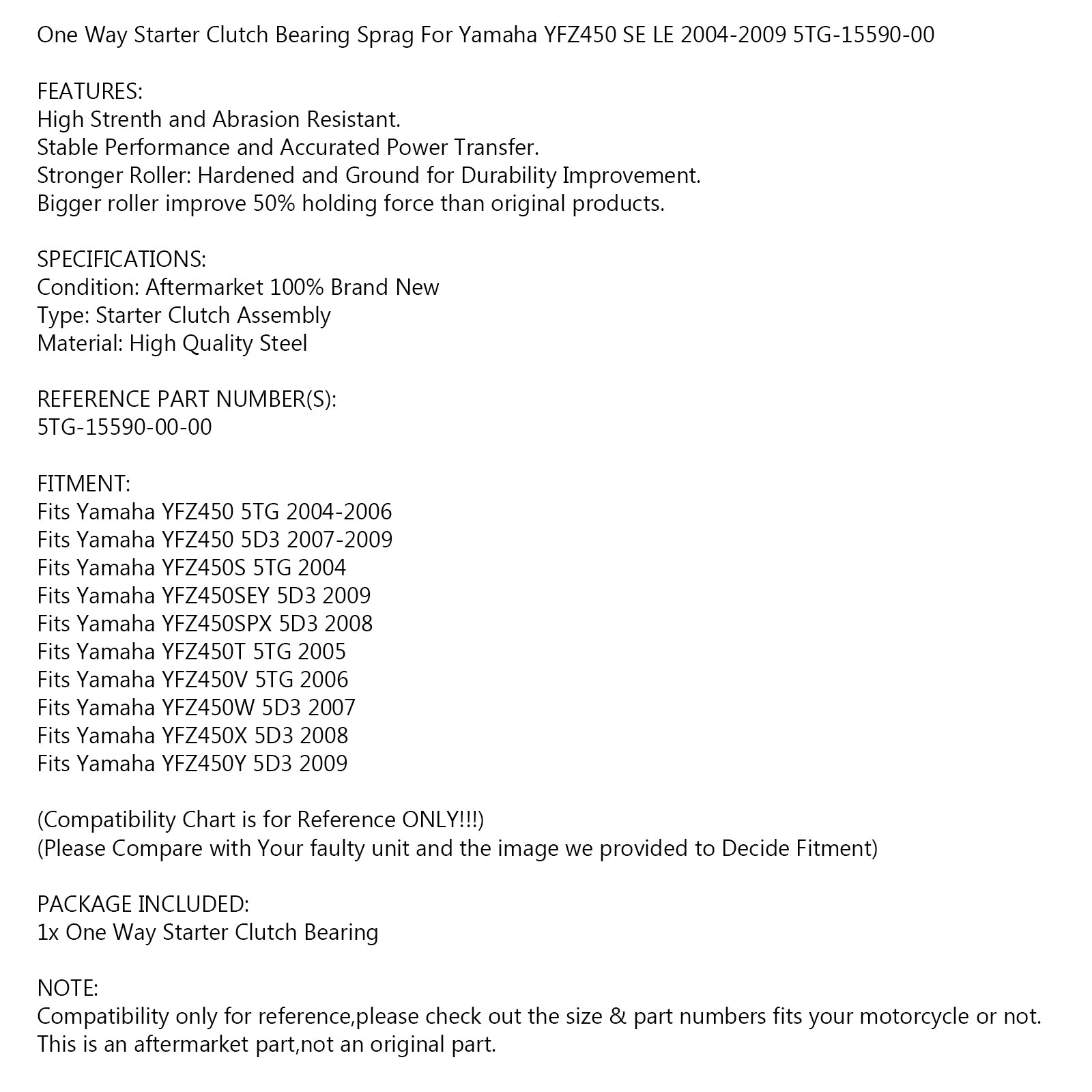 スタータークラッチワンウェイベアリングスプラグヤマハ YFZ 450 SE LE 2004-2009 に適合